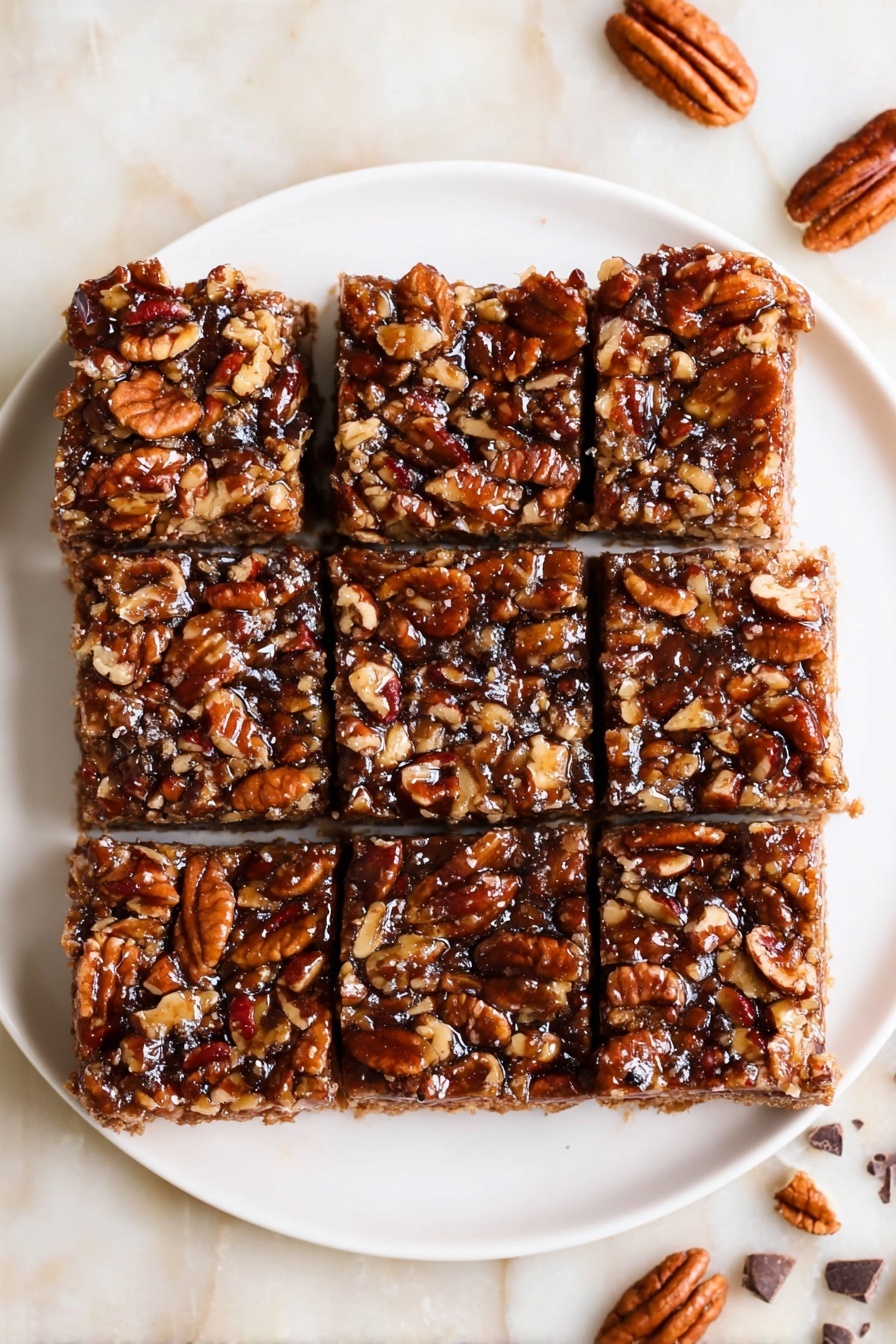 Gooey Pecan Pie Brownies, Pecan Pie Brownies, Chocolate Pecan Bar Recipe, Nutty Fudge Brownies, Easy Pecan Dessert - The image shows a square dessert with four even vertical slices, placed on a white plate. The top layer is thick and packed fully with toasted pecans and pieces of chocolate, all coated in a shiny caramel-like glaze giving a textured and crunchy look. The pecans are a warm brown color with some darker chocolate spots scattered throughout. A few pecan pieces and chocolate bits are scattered around the plate on a white marbled surface. photo taken with an iphone --ar 2:3 --v 7