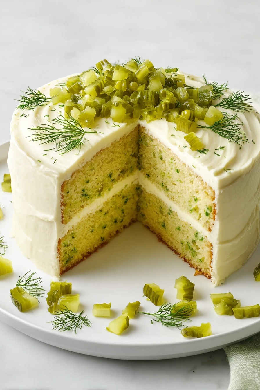 Dill Pickle Cake, Dill Pickle Cake Recipe, Unique Cake Recipes, Savory Sweet Desserts, Pickle Infused Cake - A two-layer round cake with light yellow-green sponge that has small green herb pieces inside is shown on a white plate. Between the layers is a thin layer of smooth off-white frosting, which also covers the outside of the cake evenly with soft swirls. On top of the cake there is a pile of small diced green pickles and a few sprigs of fresh green dill. More diced pickles and dill pieces are scattered artfully on the white plate around the cake, all placed on a white marbled surface. Photo taken with an iphone --ar 2:3 --v 7
