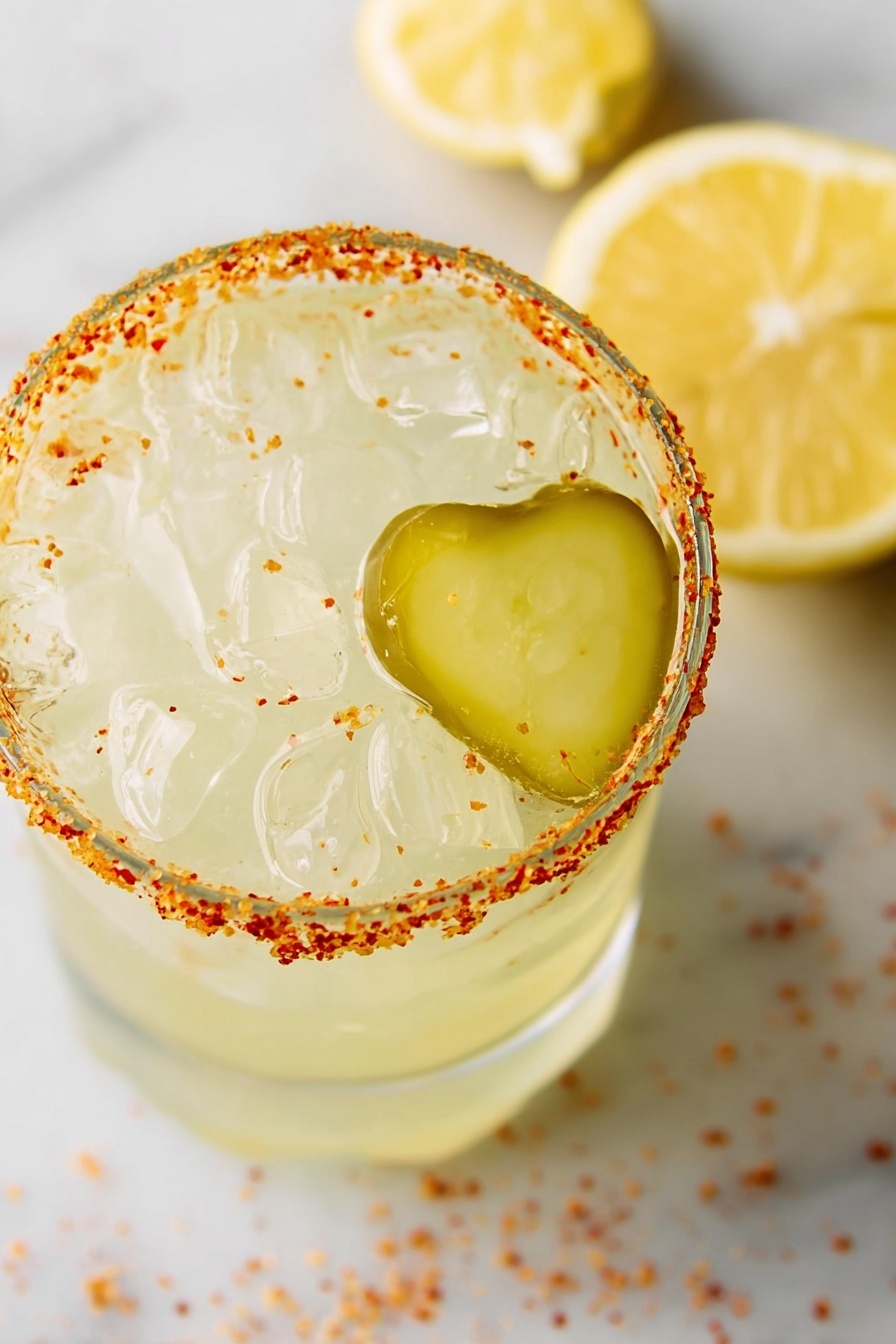 Dill Pickle Margarita, Dill Pickle Margarita recipe, savory cocktail ideas, unique margarita drinks, tangy pickle cocktail - A clear, ribbed glass filled with a pale yellow drink, showing condensation on the outside. The glass is topped with large, clear ice cubes and garnished with a thick green lime wedge on the rim. The rim of the glass is coated with bright red chili powder, creating a colorful contrast against the light drink and white marbled surface it sits on. Blurred lemon wedges are faintly visible in the background, adding a fresh, summery feel to the image. photo taken with an iphone --ar 2:3 --v 7