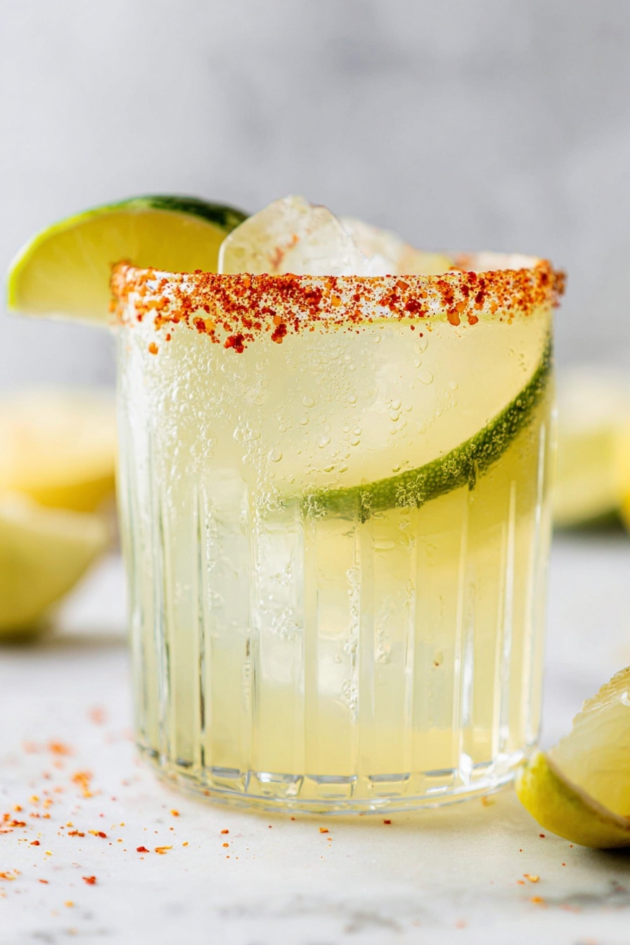Dill Pickle Margarita, Dill Pickle Margarita recipe, savory cocktail ideas, unique margarita drinks, tangy pickle cocktail - The image shows a close-up of a clear glass filled with ice cubes and a pale yellow drink. The rim of the glass is coated with coarse reddish-orange seasoning. Inside the drink, there is a thin pickle slice shaped like a heart, floating near the top. In the background, there are two lemon halves placed on a white marbled surface. The photo was taken with an iphone --ar 2:3 --v 7