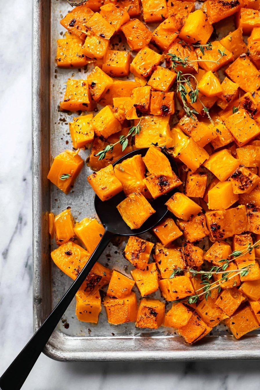 Sweet and Savory Roasted Butternut Squash, roasted butternut squash, honey glazed butternut squash, herb roasted butternut squash, easy butternut squash side dish - This image shows a baking tray filled with roasted orange cubes of butternut squash, evenly spread out in one layer. The squash pieces have a mix of smooth and slightly charred edges with light browning, and tiny dark seasoning bits are scattered on top. There are small green thyme sprigs placed randomly among the squash. A black spoon is scooping a portion of the roasted squash from the tray, creating a slight gap showing the metallic tray surface beneath. The tray is set on a white marbled surface. photo taken with an iphone --ar 2:3 --v 7
