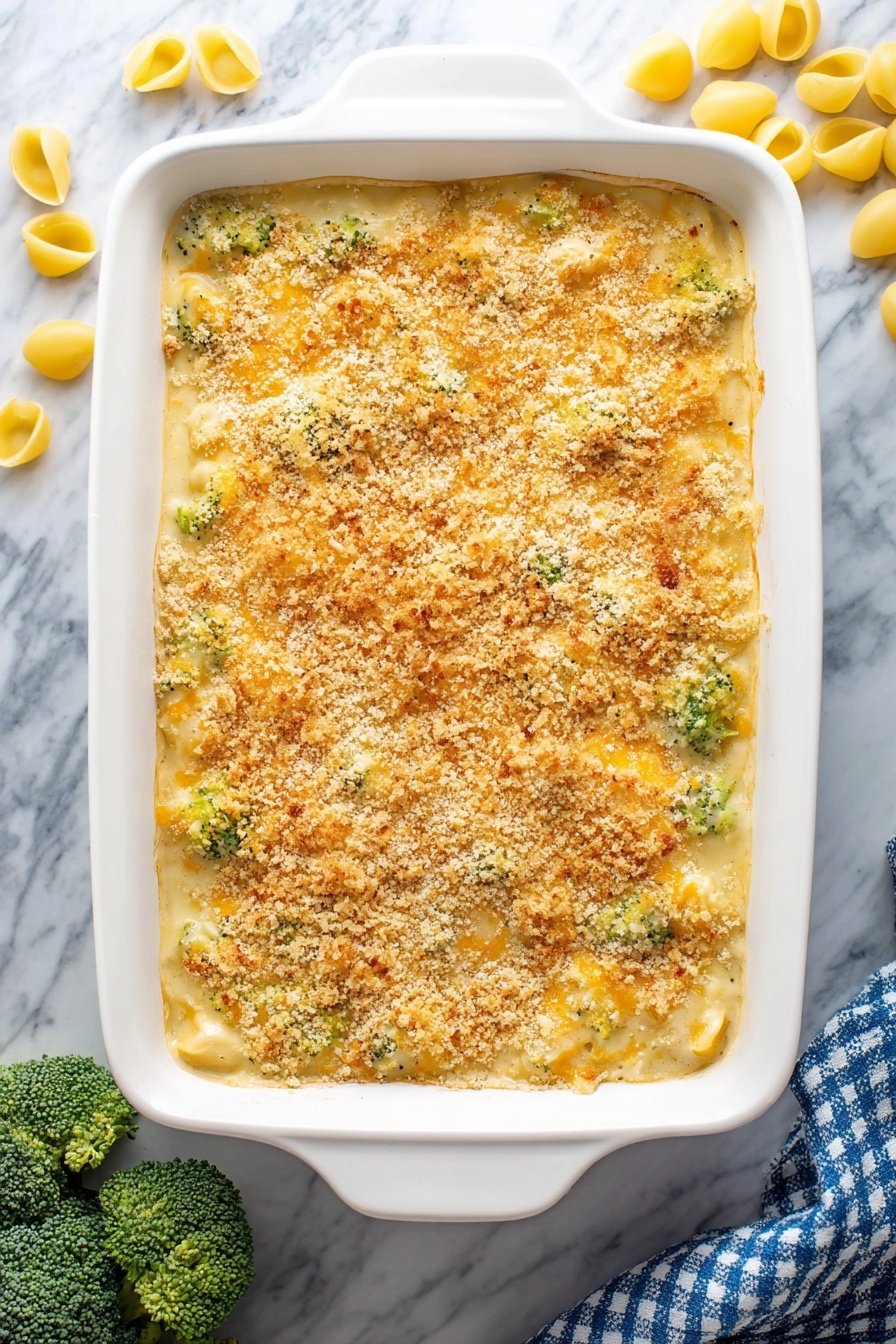 Baked Broccoli Mac and Cheese, cheesy broccoli pasta bake, healthy baked macaroni and cheese, easy comfort food recipes, cheesy veggie casserole - A white rectangular baking dish filled with a baked casserole that has three visible layers: the bottom layer is a smooth pale yellow base, the middle layer contains green broccoli pieces mixed into a creamy sauce, and the top layer is golden brown melted cheese covered with a crunchy light brown breadcrumb topping. The casserole edges show some bubbling and slight browning. Around the dish on a white marbled surface are yellow pasta shells and broccoli florets, with a blue and white checkered cloth on the right side. Photo taken with an iphone --ar 2:3 --v 7
