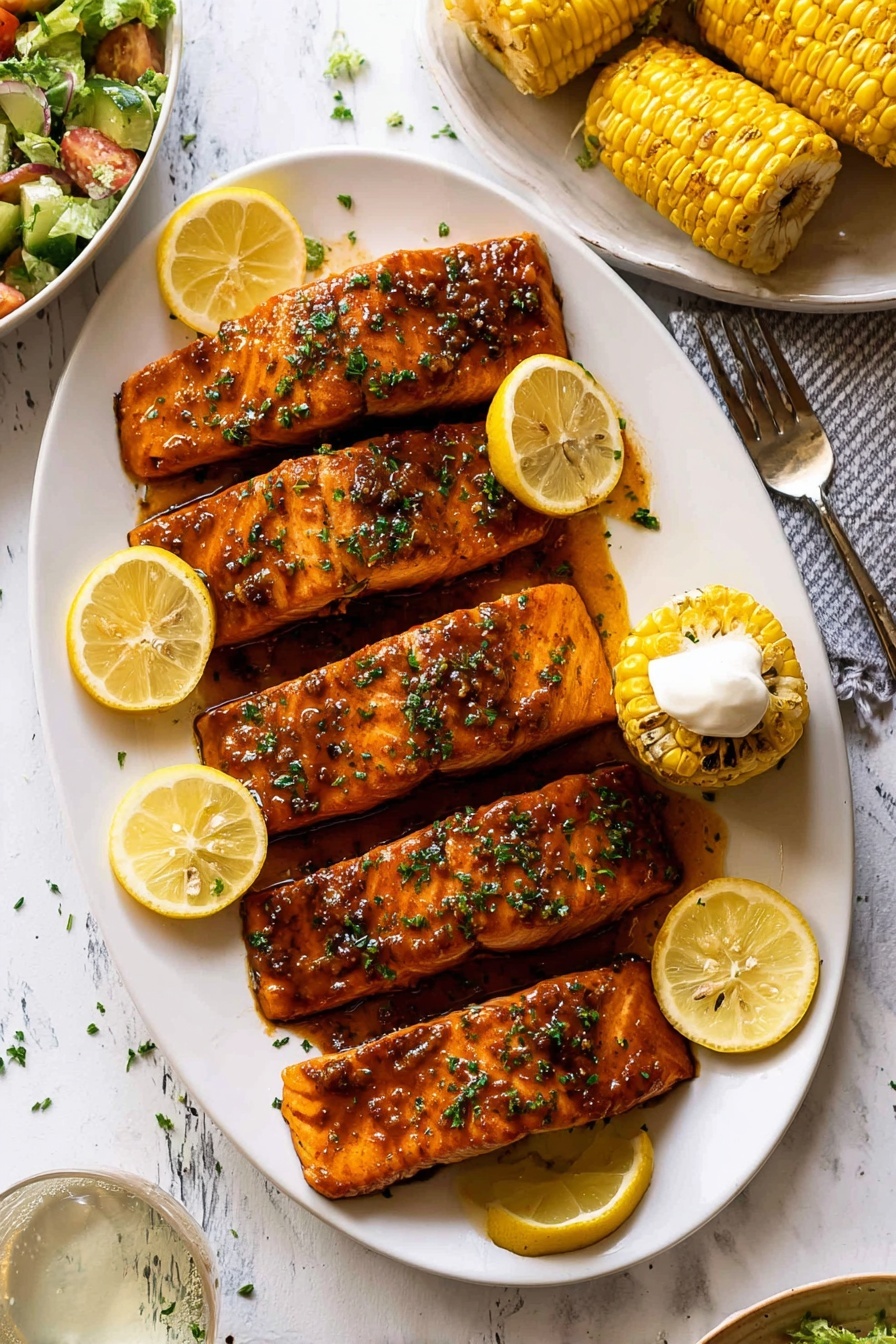 Grilled Salmon with Sweet Soy Marinade, salmon marinade recipes, Asian-inspired salmon, healthy grilled salmon, easy salmon dinner ideas - The image shows a white oval plate with four grilled salmon fillets arranged in a single vertical line, each piece covered in a shiny brown glaze and sprinkled with green herbs. Around the salmon are seven lemon wedges, strategically placed to frame the fish with their bright yellow color. On the right side of the plate, there is a small corn cob with grill marks and a dollop of white sauce on top. The background features a white marbled surface with a barely visible fork at the top and parts of a salad bowl and a dish holding more corn cobs on each side, both on the same white marbled texture. The photo taken with an iphone --ar 2:3 --v 7