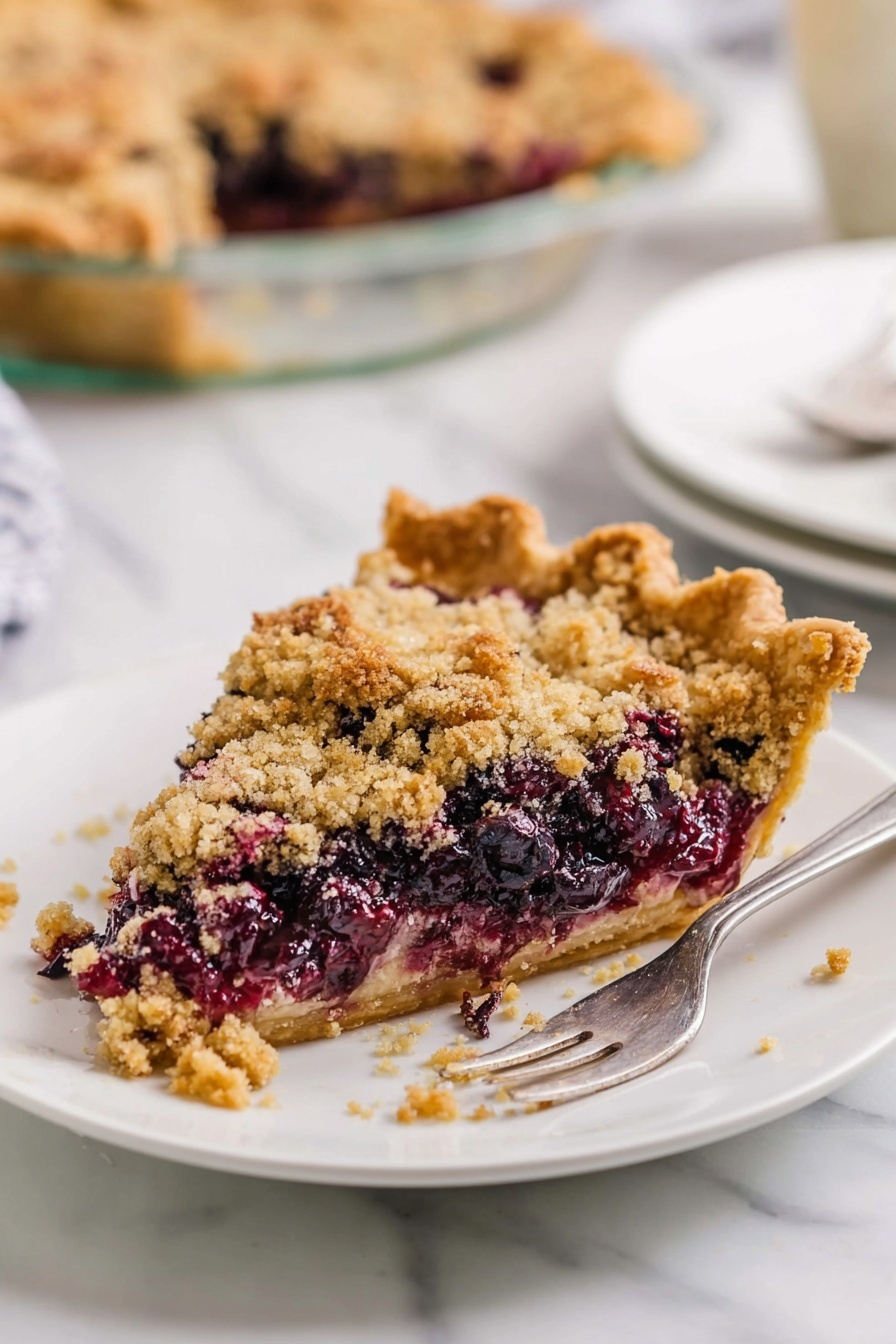 Blueberry Pie with Crumb Topping, blueberry pie, fruit pie recipes, crumb topping dessert, homemade blueberry pie - A slice of pie with three visible layers sits on a white plate. The bottom layer is a golden crust that looks firm and crisp. Above that is a thick, creamy layer mixed with dark purple berries that spill slightly on the plate. The top layer is a crumbly, light brown streusel topping, adding texture and contrast. A silver fork rests next to the slice, with a small piece of pie on its tine, showing a soft interior mixed with the berries. The plate and pie are on a white marbled surface, and in the background, the rest of the pie sits in a clear glass pie dish. Photo taken with an iphone --ar 2:3 --v 7