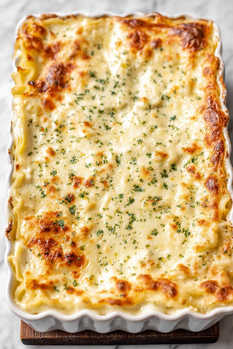 Creamy Chicken Tetrazzini Bake, Chicken Tetrazzini casserole, cheesy chicken pasta bake, easy chicken casserole, comforting chicken pasta dish - A white scalloped rectangular baking dish filled with a baked casserole that has multiple layers of pasta sheets covered with creamy white cheese sauce. The top layer is golden-brown and bubbly with specks of green herbs evenly spread across the surface. The edges of the pasta are slightly browned and crispy, giving a textured look to the sides. The dish rests on a white marbled surface. Photo taken with an iphone --ar 2:3 --v 7