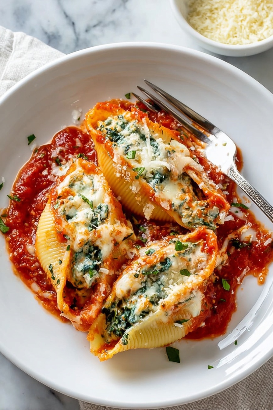 Cheese-Stuffed Shells with Spinach, cheesy stuffed pasta shells, spinach and cheese baked shells, easy stuffed shell pasta, comfort food Italian dish - The image shows a round white skillet filled with large pasta shells stuffed with creamy spinach and cheese, arranged in a circular pattern. Each shell is covered with melted white and orange cheese, with a rich red tomato sauce visible underneath and around the edges. The skillet rests on a white marbled surface with a soft beige cloth partially under it. A silver serving spoon with a wooden handle is scooping one stuffed shell from the right side of the skillet. In the background, there is a white bowl with grated cheese and green parsley leaves. Photo taken with an iphone --ar 2:3 --v 7