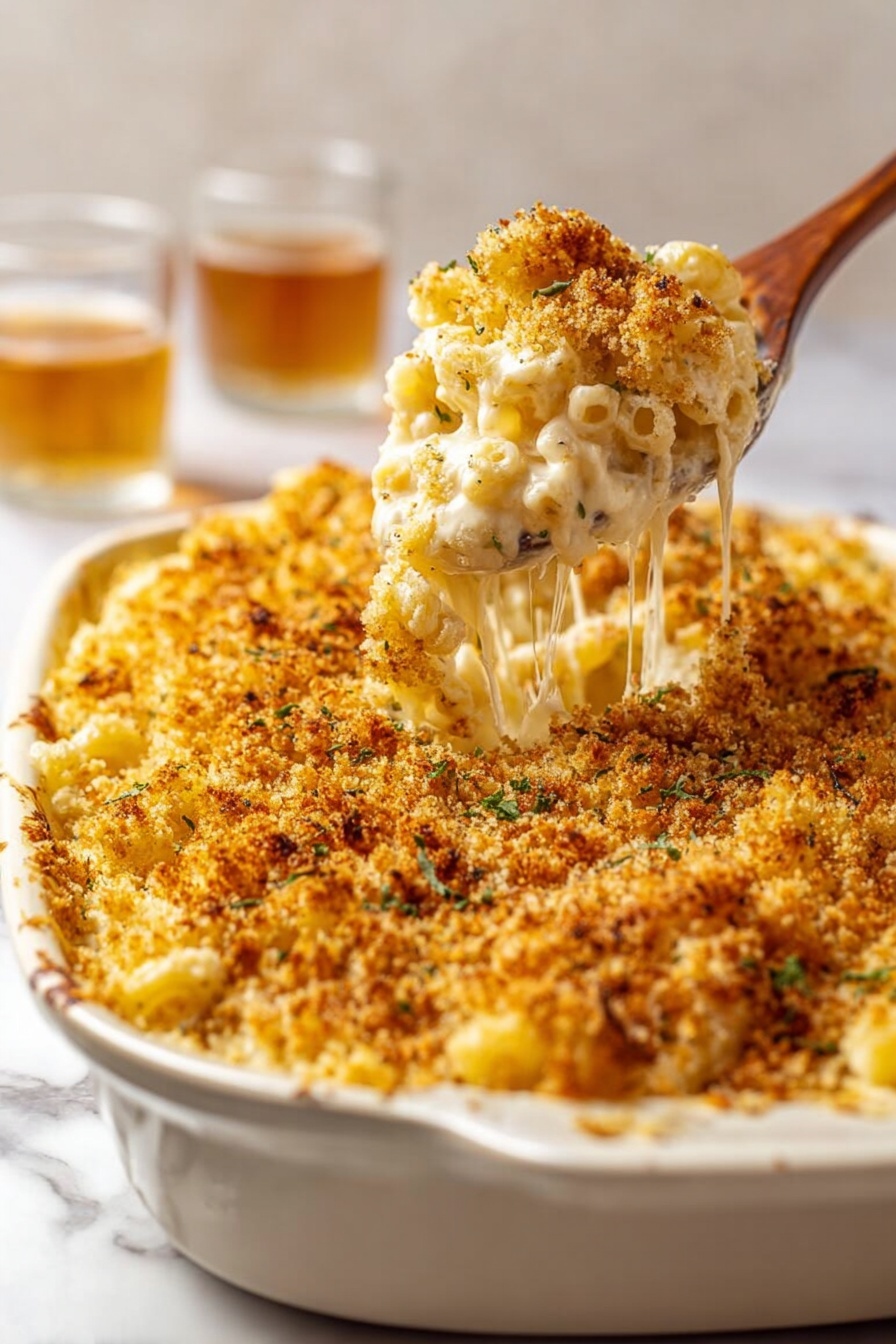 Creamy Cheddar Mac and Cheese Bake, cheesy baked pasta, easy mac and cheese recipe, comfort food pasta bake, cheesy casserole with crunchy topping - A white ceramic dish is filled with baked macaroni and cheese topped with a thick layer of golden brown breadcrumbs. The pasta underneath is covered with melted creamy cheese that stretches in strings as a wooden spoon lifts a portion, showing a soft, shiny, off-white cheesy sauce holding the macaroni together. The breadcrumb topping has a rough, crispy texture with small green herb specks visible. In the background, two glasses with light brown liquid sit on a white marbled surface. Photo taken with an iphone --ar 2:3 --v 7