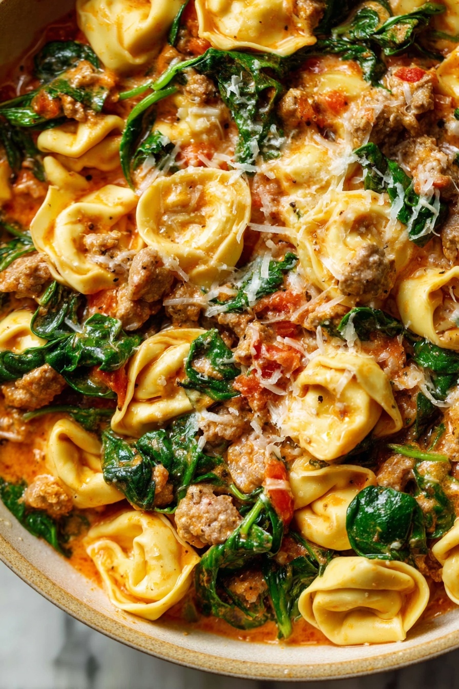 One-Pan Sausage Tortellini, sausage tortellini skillet, quick sausage pasta, creamy tortellini dinner, easy one-pan pasta - The image shows a close-up of a dish filled with multiple layers of stuffed pasta pieces that are light yellow in color with soft, slightly wrinkled edges. Mixed in between the pasta are small chunks of light brown cooked meat and scattered bright green spinach leaves that add a fresh, leafy texture. The entire dish is coated with a creamy, light orange sauce that blends smoothly with the pasta and meat, making the ingredients look moist and rich. The colors of the pasta, meat, spinach, and sauce create a warm, inviting appearance. The photo taken with an iphone --ar 2:3 --v 7