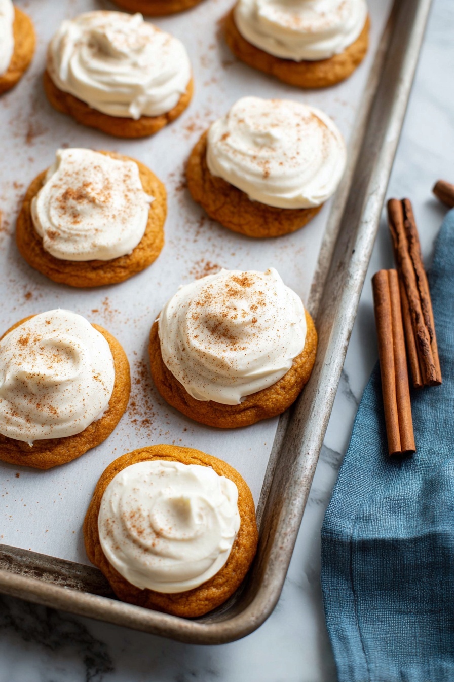 Pumpkin Cookies with Cream Cheese Frosting, fall pumpkin cookie recipe, soft pumpkin spice cookies, homemade pumpkin dessert, easy pumpkin cookie recipe - The image shows a metal baking tray with white parchment paper holding several round orange-brown cookies. Each cookie has a thick layer of white creamy frosting spread unevenly on top, with a light dusting of brown spice powder sprinkled over the frosting. The cookies have a soft and slightly bumpy texture, and the edges are slightly rounded. There are two cinnamon sticks placed on the tray near the cookies on the right side. The tray is set on a white marbled surface, with a blue cloth partially visible to the right. photo taken with an iphone --ar 2:3 --v 7