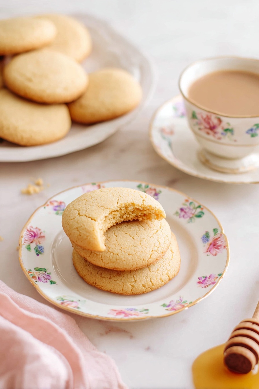 Honey Cookies, Honey Cookies Recipe, Soft Honey Cookies, Easy Honey Cookies, Homemade Honey Cookies - The image shows a stack of two light golden brown cookies on a white plate with small colorful flower patterns around the edges. On top of the stack is a broken cookie showing a soft, crumbly inside that is light beige. Behind this plate, there is a matching white plate with more whole cookies stacked in a slight pile. To the right, a white floral patterned cup filled with coffee with cream is visible, resting on a matching saucer. A wooden honey dipper with honey is slightly blurred in the background on the white marbled surface. A soft pink cloth is partially visible on the lower left corner. Photo taken with an iphone --ar 2:3 --v 7