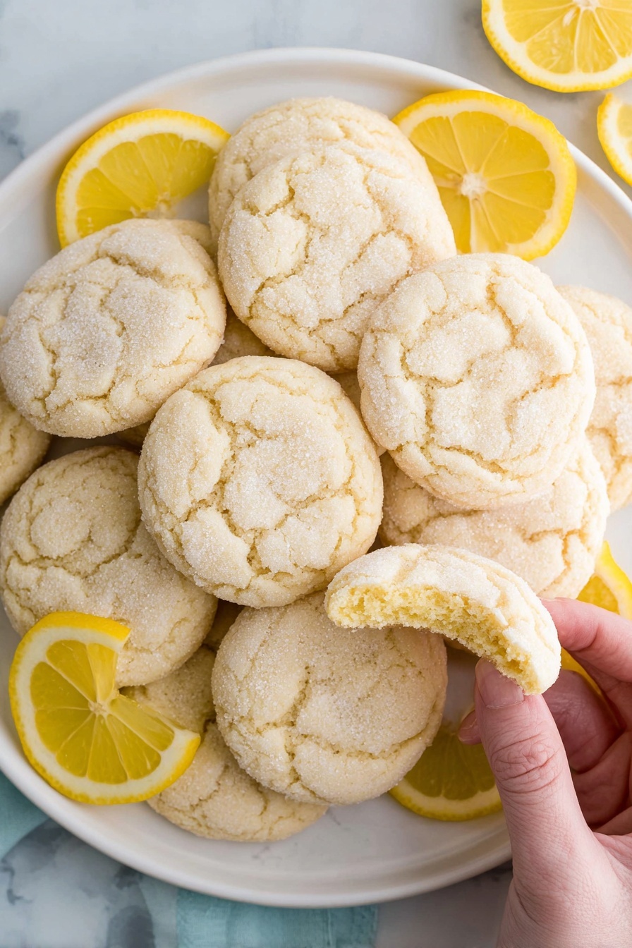 Lemon Cookies, lemon cookies recipe, citrus cookies, easy lemon dessert, tangy lemon treats - A white plate filled with a pile of round, light beige cookies that look soft and slightly cracked on top. The cookies have a sugar-coated texture and one cookie near the center has a bite taken out of it, showing a soft inside. Around the cookies, there are several bright yellow lemon slices placed for decoration. A woman's hand is picking up a cookie from the bottom right of the plate. The background is a white marbled texture. photo taken with an iphone --ar 2:3 --v 7