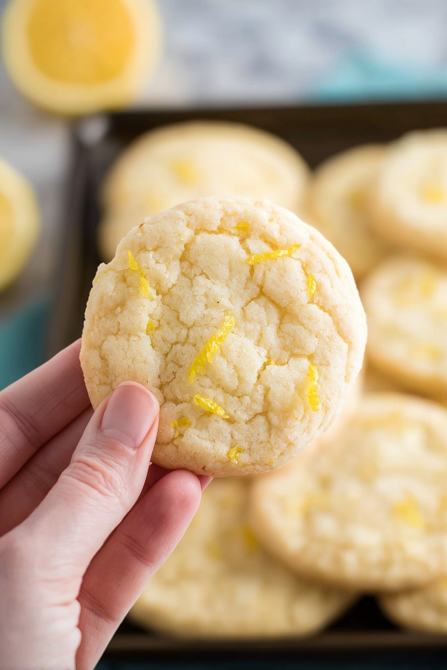 Lemon Cookies, lemon cookies recipe, citrus cookies, easy lemon dessert, tangy lemon treats - A close-up image shows a woman's hand holding a single pale yellow cookie with small pieces of lemon zest on its surface. The cookie is round, slightly cracked with a soft texture, and looks thin. In the background, more similar cookies are lined up on a black tray, softly blurred, sitting on a white marbled surface. On the left side, a bit of a sliced lemon is visible but out of focus. Photo taken with an iphone --ar 2:3 --v 7