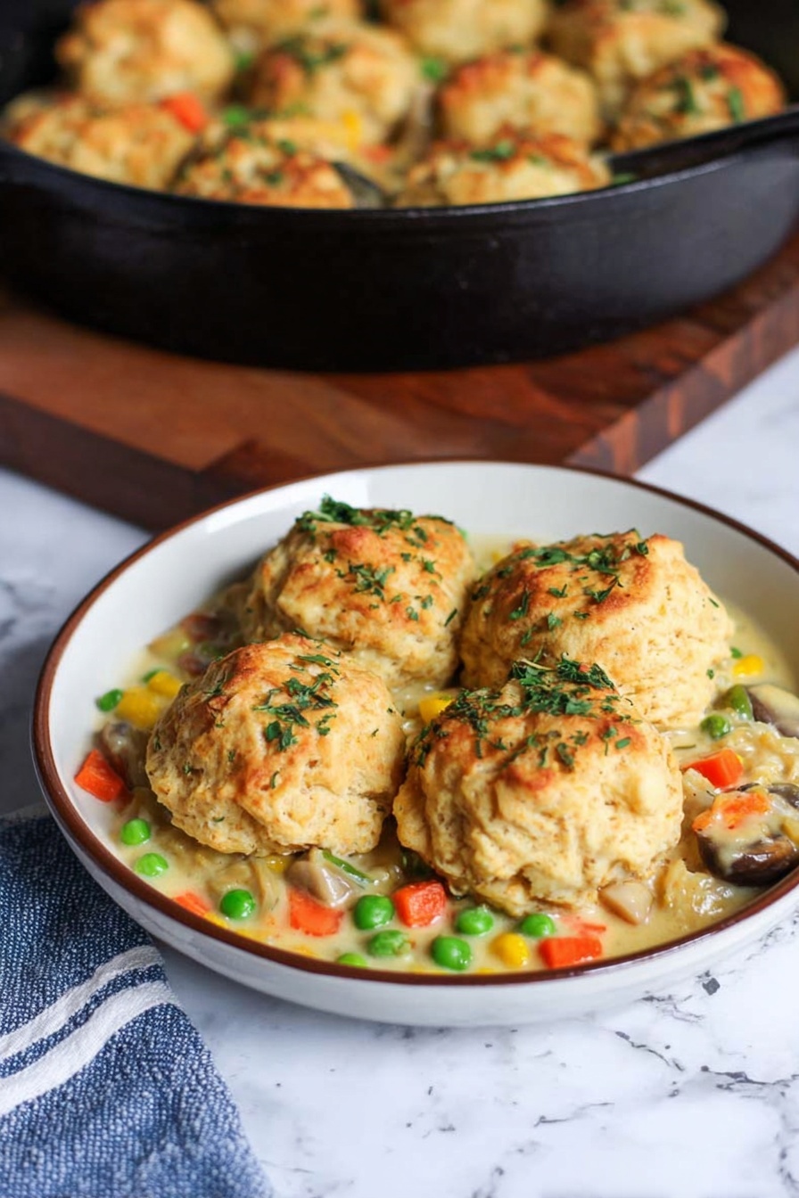 Cheddar Bay Biscuit Chicken Pot Pie, easy chicken pot pie with cheddar bay biscuits, cheesy chicken pot pie recipe, comforting chicken and biscuit casserole, savory chicken pie with cheddar biscuits - The image shows a white plate filled with two golden-brown biscuit-like clusters that are round and topped with green herbs, sitting on a creamy mixture of chopped vegetables including green peas, carrots, mushrooms, corn, and pieces of shredded meat. The dish is colorful with light yellow cream, bright orange, green, and yellow veggies, and pieces of meat peeking through. In the background, there is a black cast iron skillet filled with more of the same biscuit clusters, resting on a wooden surface with a blue and white striped towel nearby. The setting is on a white marbled texture surface. Photo taken with an iphone --ar 2:3 --v 7