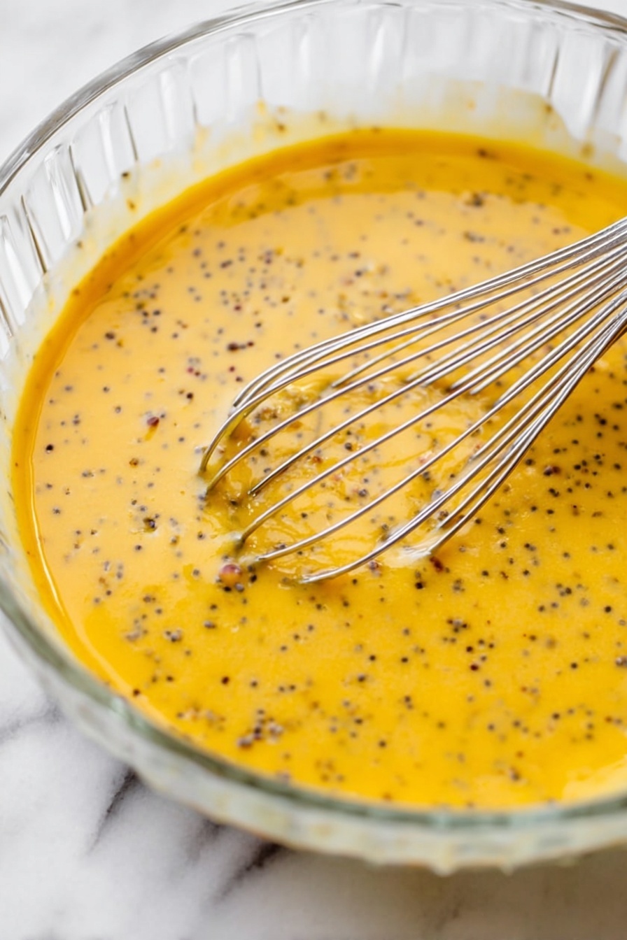 Pumpkin Chia Seed Pudding, healthy pumpkin pudding, fall dessert recipes, quick chia seed pudding, nutritious breakfast ideas - A close-up of a clear glass bowl on a white marbled surface filled with a smooth yellow mixture speckled with small black and brown seeds, being gently stirred by a silver metal whisk with thin, curved wires resting partly in the mixture. The bowl edges are visible with some of the mixture clinging to the inner sides, showing a light texture and fluidity. Photo taken with an iphone --ar 2:3 --v 7