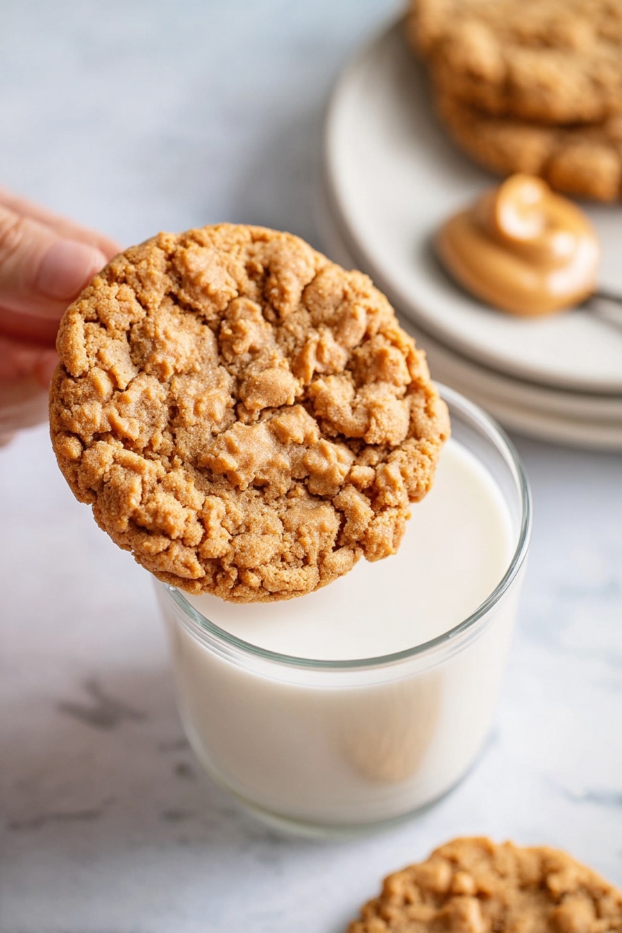 Peanut Butter Oatmeal Cookies, healthy oatmeal cookies, chewy peanut butter cookies, quick oatmeal cookie recipe, homemade peanut butter cookies - A large round cookie with a cracked, rough texture and light brown color is being held by a woman's hand above a clear glass filled halfway with white milk. In the background, on a white marbled surface, there is a stack of white plates with a spoon resting on top, holding a dollop of creamy, smooth light brown peanut butter. Another cookie is slightly out of focus near the plates. Photo taken with an iphone --ar 2:3 --v 7
