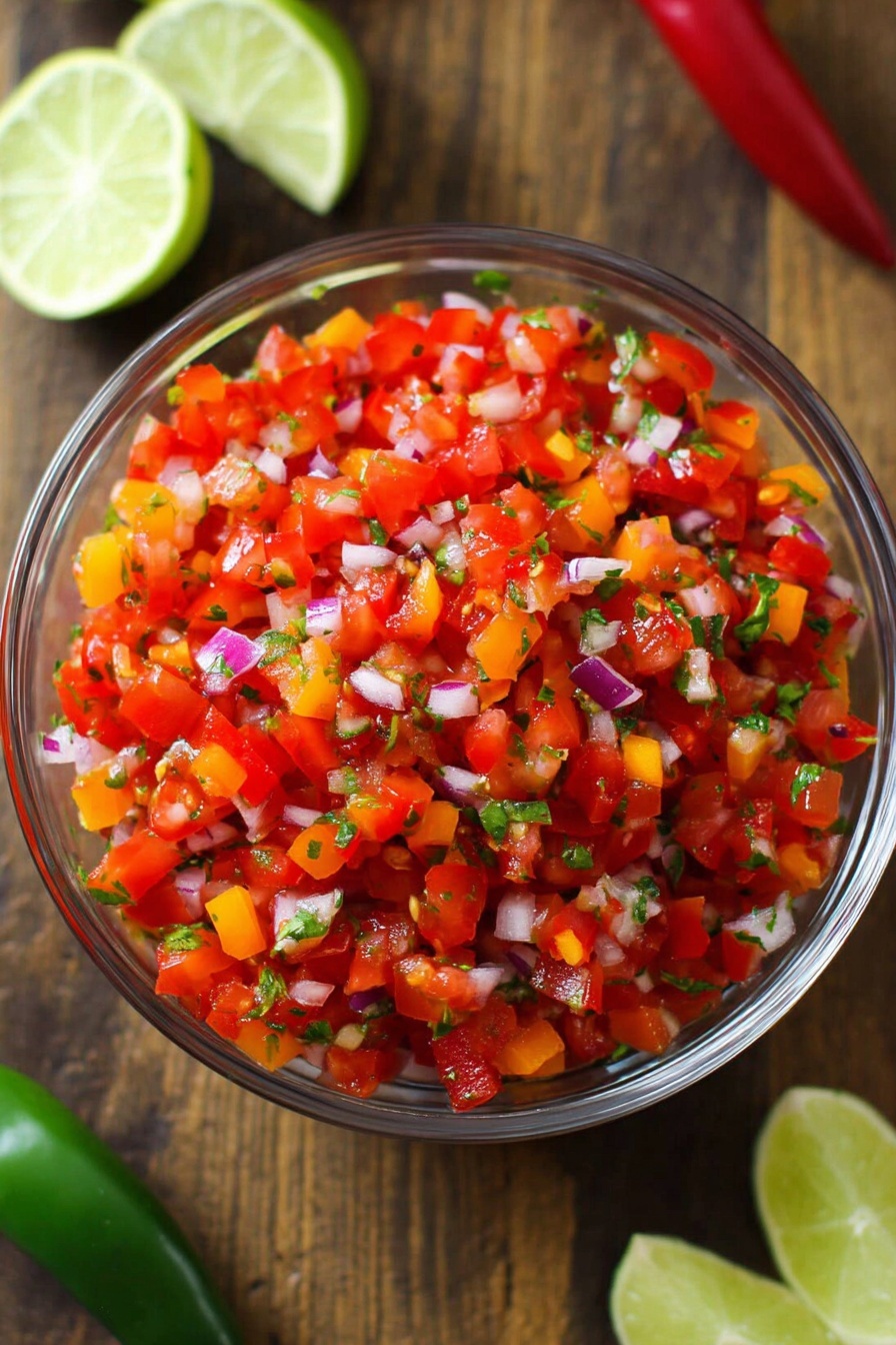 Triple Layer Guacamole Dip with Cotija and Salsa, Mexican party dip, layered guacamole dip, healthy appetizer ideas, easy party dip recipes - A clear glass bowl filled with a fresh mix of finely chopped red tomatoes, small orange bell pepper pieces, tiny bits of purple onion, and small green herb leaves, all evenly mixed together. The bowl sits on a wooden surface with lime wedges and a green chili pepper placed around it. The colors are bright and vibrant, showing a fresh and colorful salsa. photo taken with an iphone --ar 2:3 --v 7