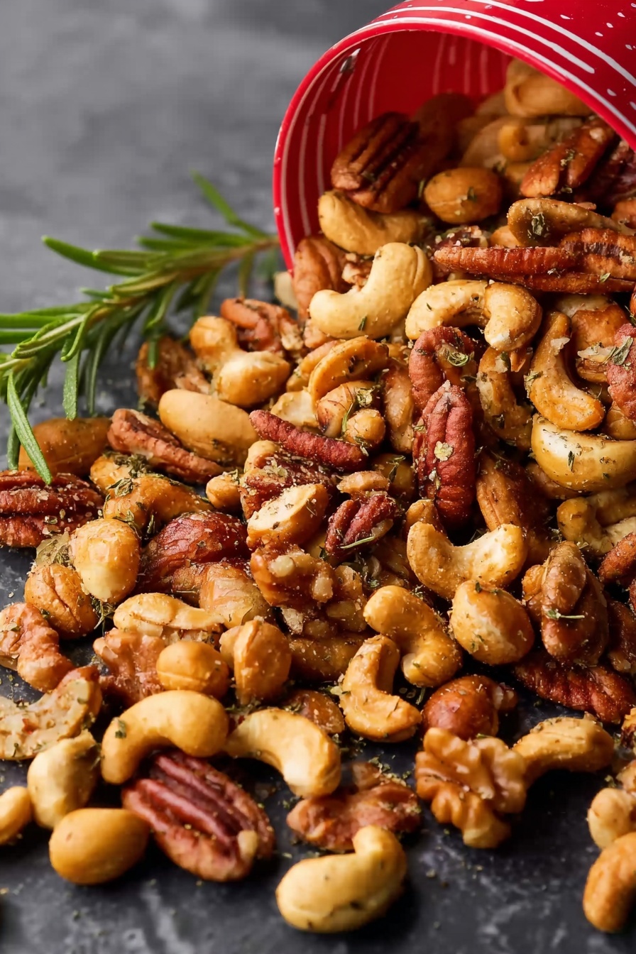 Spiced Roasted Nuts, flavorful roasted nut snack, homemade spiced nuts, easy roasted nuts recipe, hearty snack ideas - A close-up image shows a mix of nuts spilling out from a red-striped container onto a dark surface. The nuts include cashews, pecans, walnuts, and peanuts, all roasted to a golden-brown color and lightly seasoned with small bits of herbs and spices, creating a textured and crunchy look. A sprig of fresh rosemary rests near the nuts, adding a touch of green to the warm palette. The white marbled texture background highlights the rich colors of the nuts and container, giving the scene a fresh, natural feel. photo taken with an iphone --ar 2:3 --v 7
