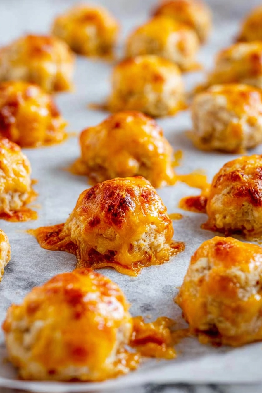 Cream Cheese Sausage Balls, how to make sausage balls, cheesy sausage bites, easy party snacks, sausage ball appetizer - The image shows many small round cheese balls baked on white parchment paper placed on a white marbled surface. Each ball has a rough, lumpy texture with golden orange melted cheese oozing on top and slightly browned edges where the cheese has crisped, creating a shiny, rich look. The cheese has spread a bit around the base, making crispy orange patches on the paper. The lighting highlights the shiny and slightly crunchy texture of the melted cheese, with some cheese balls in soft focus in the background, all arranged in rows. photo taken with an iphone --ar 2:3 --v 7
