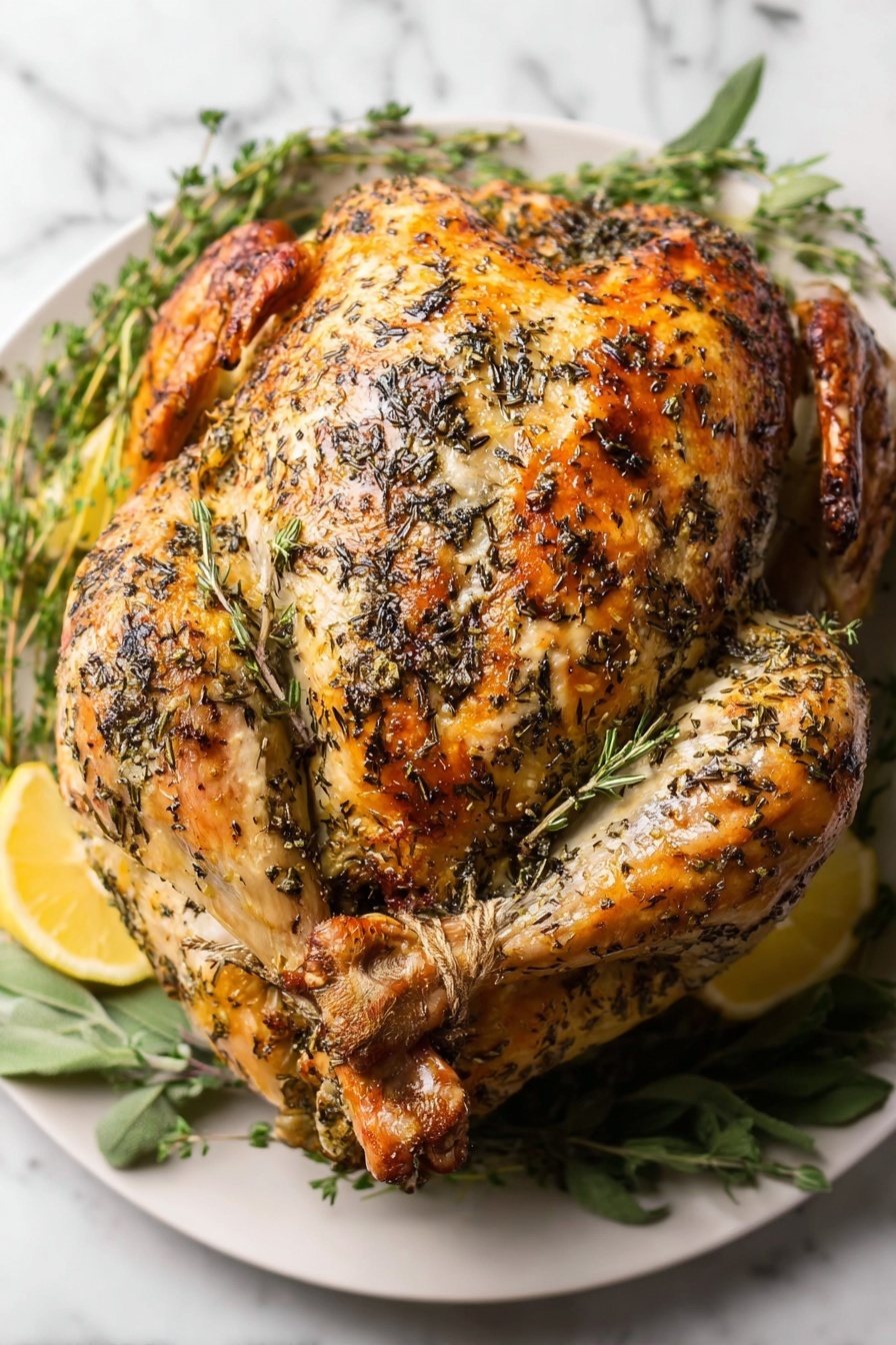 Herb Butter Roast Turkey, Roast Turkey with Herb Butter, Juicy Roast Turkey Recipe, Holiday Turkey Ideas, Easy Turkey Roast - A fully roasted whole bird with a golden brown and slightly shiny skin covered in a mix of black and green dried herbs, placed in the center of a white plate. The bird's legs are tied close to the body, and the wings are tucked underneath. Surrounding the bird, there are fresh green herb sprigs and slices of lemon peeking out under the edges. The plate sits on a white marbled surface. photo taken with an iphone --ar 2:3 --v 7