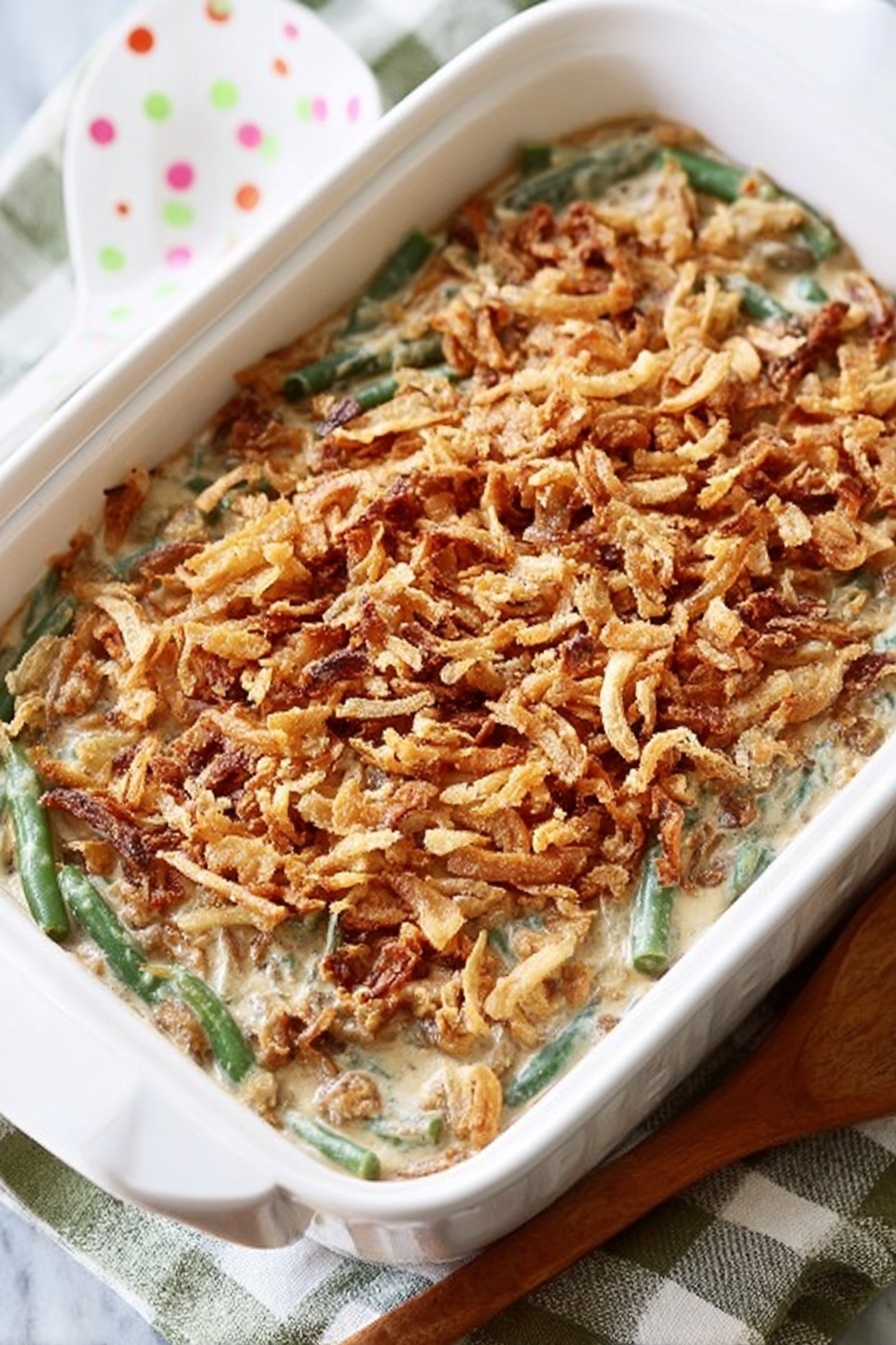 Green Bean Casserole with Bacon and Cheese, cheesy green bean casserole, bacon green bean bake, easy green bean casserole with bacon, ultimate green bean casserole with cheese - The image shows a white rectangular baking dish filled with a creamy green bean casserole. The casserole has a smooth light beige sauce mixed with bright green beans as the second layer. The top layer is a thick, even spread of golden brown crispy fried onions, creating a crunchy texture on top. The dish sits on a white marbled surface next to a white slotted spoon with pastel polka dots. The scene is cozy and bright with soft natural light. photo taken with an iphone --ar 2:3 --v 7