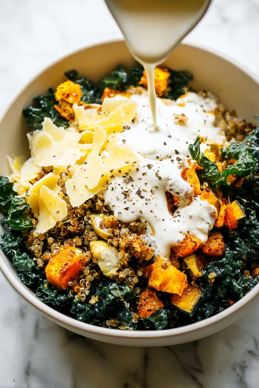 Autumn Caesar Salad with Roasted Delicata Squash, roasted delicata squash salad, fall Caesar salad recipe, seasonal squash salad, easy autumn salad - A bowl filled with a salad that has three main layers visible: the bottom layer is dark green curly kale leaves, the middle layer consists of golden-orange roasted squash cubes with a slightly rough texture, and the top layer includes off-white thin slices of cheese scattered around. There are also light beige pine nuts sprinkled on top along with some small bits of toasted breadcrumbs, and thin slices of red onion mixed in. Two gold forks are placed in the bowl, partially submerged in the salad. The bowl is white and sits on a white marbled surface. Photo taken with an iphone --ar 2:3 --v 7