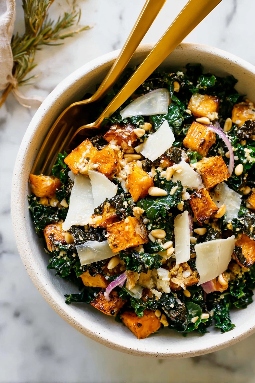 Autumn Caesar Salad with Roasted Delicata Squash, roasted delicata squash salad, fall Caesar salad recipe, seasonal squash salad, easy autumn salad - The image shows a bowl with four layers. The bottom layer is dark green curly kale leaves, filling the bowl. On top of the kale is a layer of roasted orange and green squash chunks mixed with small brown crispy crumbs. Over that, there are scattered light yellow thin shavings of cheese sprinkled with black pepper. Finally, creamy white sauce is being poured over the top, drizzling down the squash, cheese, and kale. The bowl is white and set on a white marbled surface. The photo taken with an iphone --ar 2:3 --v 7