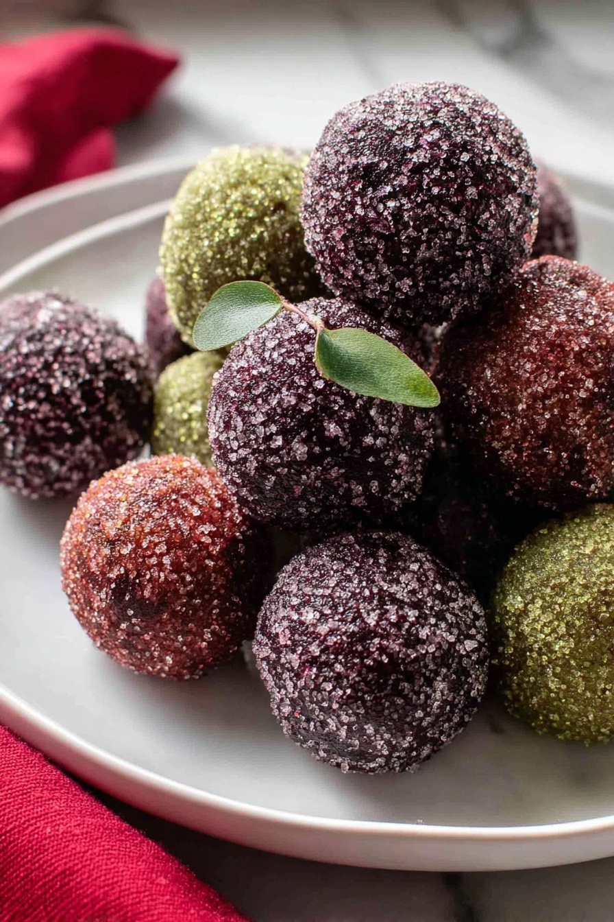 Festive Sugar Plum Balls, holiday treat ideas, easy Christmas no-bake snacks, fruity holiday confections, homemade holiday gifts - The image shows a white plate with a pile of round, sugar-coated balls that have a rough texture from the sugar crystals. There are about ten balls in the pile, with colors mostly in dark purple, reddish-brown, and a couple in a greenish shade. One of the dark purple balls near the center has a small green leaf on its side. The plate sits on a white marbled surface with a red cloth partially visible at the bottom left corner. The photo zooms in closely to highlight the sugar crystals and texture of the balls. photo taken with an iphone --ar 2:3 --v 7