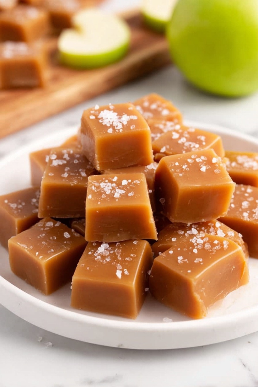 Apple Cider Caramels, apple cider caramel candies, fall caramel recipes, homemade caramel treats, autumn spice candies - The image shows a pile of soft caramel squares stacked in a small white dish, each piece smooth and shiny with a light brown color. The tops of the caramel pieces are sprinkled with coarse white sea salt crystals, adding a rough texture that contrasts with the smooth caramel. The background features a white marbled surface that brightens the scene. Photo taken with an iphone --ar 2:3 --v 7