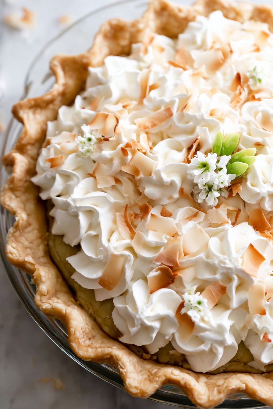 Homemade Coconut Cream Pie, coconut cream pie recipe, tropical dessert, easy coconut pie, homemade pie with coconut - This image shows a close-up of a pie in a clear glass dish with a golden brown crust that has a slightly crimped edge. The top layer of the pie is covered with white whipped cream swirls arranged closely together, sprinkled with large toasted coconut flakes that are light brown around the edges. There is a small cluster of tiny white flowers with green leaves placed near the crust as decoration. The dish is set on a white marbled surface. photo taken with an iphone --ar 2:3 --v 7
