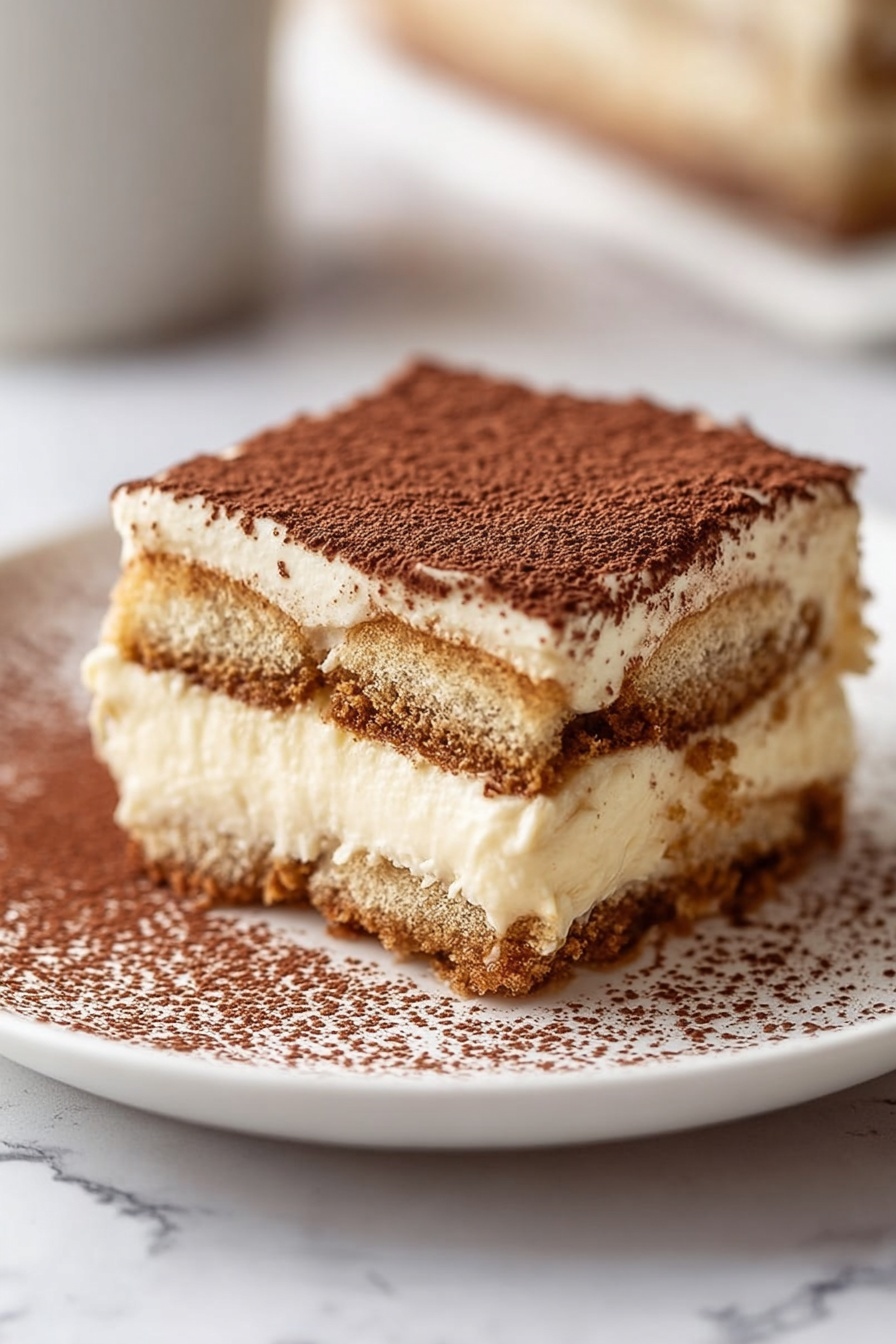 Classic Espresso Mascarpone Tiramisu, coffee dessert, homemade tiramisu, Italian tiramisu, easy tiramisu recipe - A close-up of a square piece of dessert with three distinct layers on a white plate with a white marbled background. The bottom layer is light brown soaked biscuit, the middle layer is creamy light yellow mascarpone cheese mixed with coffee-soaked biscuit, and the top layer is a smooth, creamy light yellow mascarpone cheese dusted heavily with fine dark brown cocoa powder that slightly spills onto the plate. photo taken with an iphone --ar 2:3 --v 7