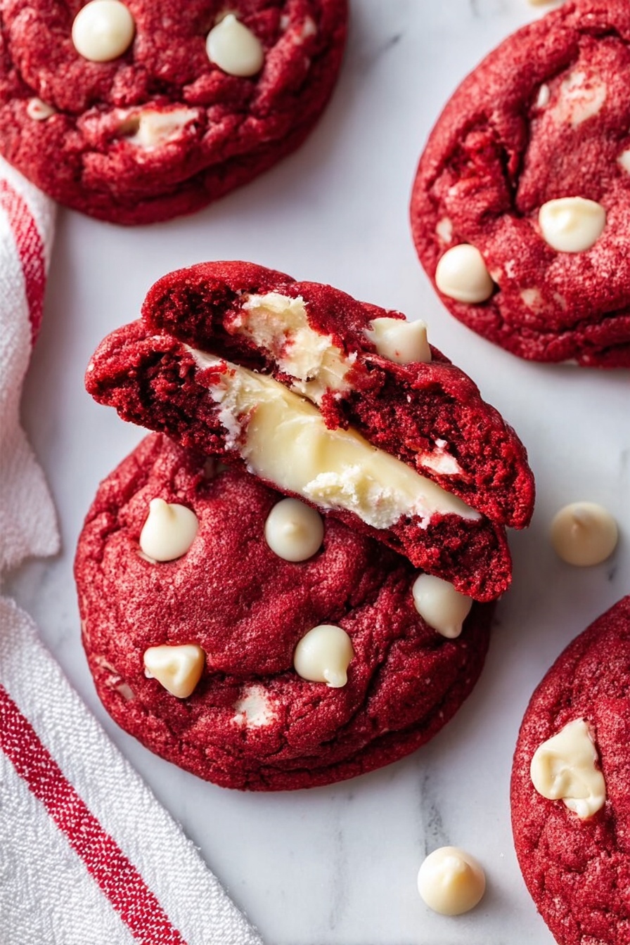 Cheesecake Stuffed Red Velvet Cookies, red velvet cookies with cheesecake filling, decadent red velvet cheesecake cookies, baked cheesecake cookies, red velvet dessert recipes - Three thick, round red velvet cookies with white chocolate chips are placed on a white marbled surface. Each cookie has a rich red color with a soft, slightly bumpy texture and scattered white chips embedded on top. The cookies form a loose triangle shape, with a red and white striped ribbon loosely resting around them, adding a festive touch. At the top left corner, part of a white plate with a textured edge is visible, and at the top right, several gold and white measuring spoons are placed. The lighting highlights the vibrant red of the cookies and the smooth white marbled background photo taken with an iphone --ar 2:3 --v 7