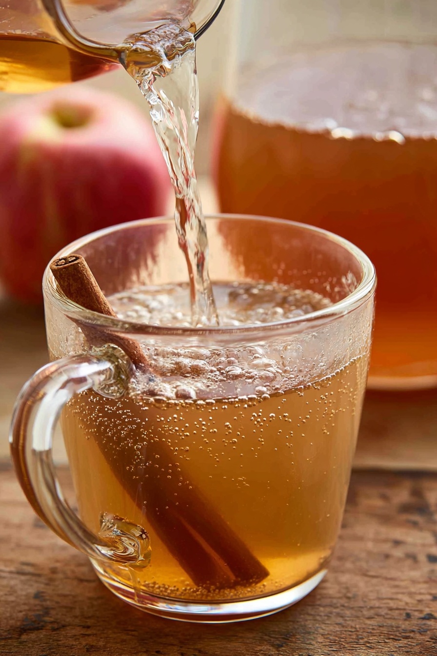 Homemade Apple Cider, apple cider recipe, warm apple cider, cozy fall drinks, how to make apple cider at home - A clear glass cup with a handle is shown being filled with a light brown liquid that has a cinnamon stick inside. The liquid is pouring from above, creating bubbles and motion near the bottom of the cup. Behind the cup, there is a glass container with more of the same light brown liquid. In the background, a red apple rests slightly out of focus. The setting appears on a wooden surface. Photo taken with an iphone --ar 2:3 --v 7