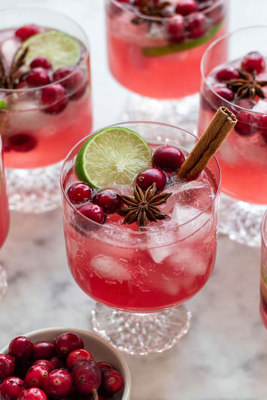 Festive Alcohol-Free Cranberry Punch, holiday non-alcoholic drinks, Christmas punch recipe, cranberry punch for parties, kids-friendly holiday beverages - The image shows a clear glass with a short stem filled with a pink-red drink and ice cubes. On top of the drink, there is a long brown cinnamon stick placed diagonally, a green lime wedge on the rim, several bright red cranberries, and a star anise for decoration. Around the main glass, there are other similar glasses filled with the same pink-red drink, ice cubes, and garnishes like cranberries, cinnamon sticks, and lime slices. In the lower part of the image, there is a small white bowl filled with fresh red cranberries. All the glasses and bowl are set on a white marble surface. photo taken with an iphone --ar 2:3 --v 7