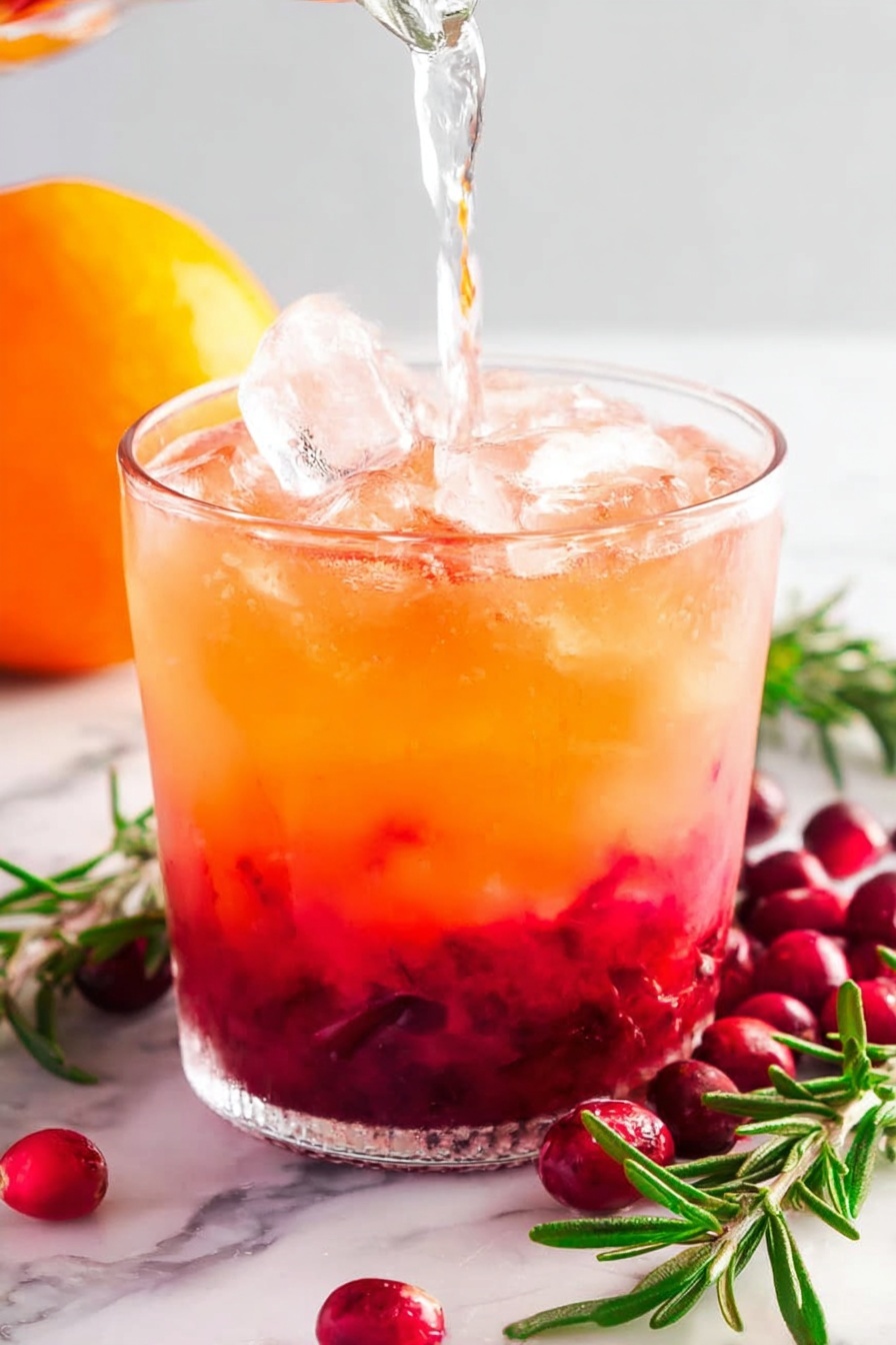 Festive Cranberry Orange Punch, holiday holiday punch, seasonal holiday drink, easy holiday beverage, cranberry orange drink - The image shows a short clear glass filled with bright red and orange drink layers, ice cubes on top, and a clear liquid being poured in from above. The bottom layer is a deep red with some crushed berries visible inside, while the top layer is a lighter orange that fades upward. Around the glass on the white marbled surface are fresh red berries and sprigs of green rosemary. A whole bright orange is slightly blurred in the background. The overall scene is bright and fresh with a soft natural light. photo taken with an iphone --ar 2:3 --v 7