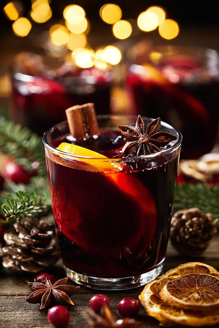 German Mulled Wine, Mulled Wine Recipe, Gluhwein, Spiced Hot Wine, Holiday Warm Drink - A clear glass filled with dark red mulled wine shows several layers inside: a thick slice of orange with bright orange peel and a smooth surface leaning inside the drink, dark brown cinnamon sticks standing upright, and star anise with a shiny texture floating on top. The drink glass is placed on a wooden table surrounded by dried orange slices, pine cones, cranberries, and green pine leaves. In the blurred background, two more glasses of mulled wine with similar content and warm glowing lights create a cozy scene. Photo taken with an iphone --ar 2:3 --v 7