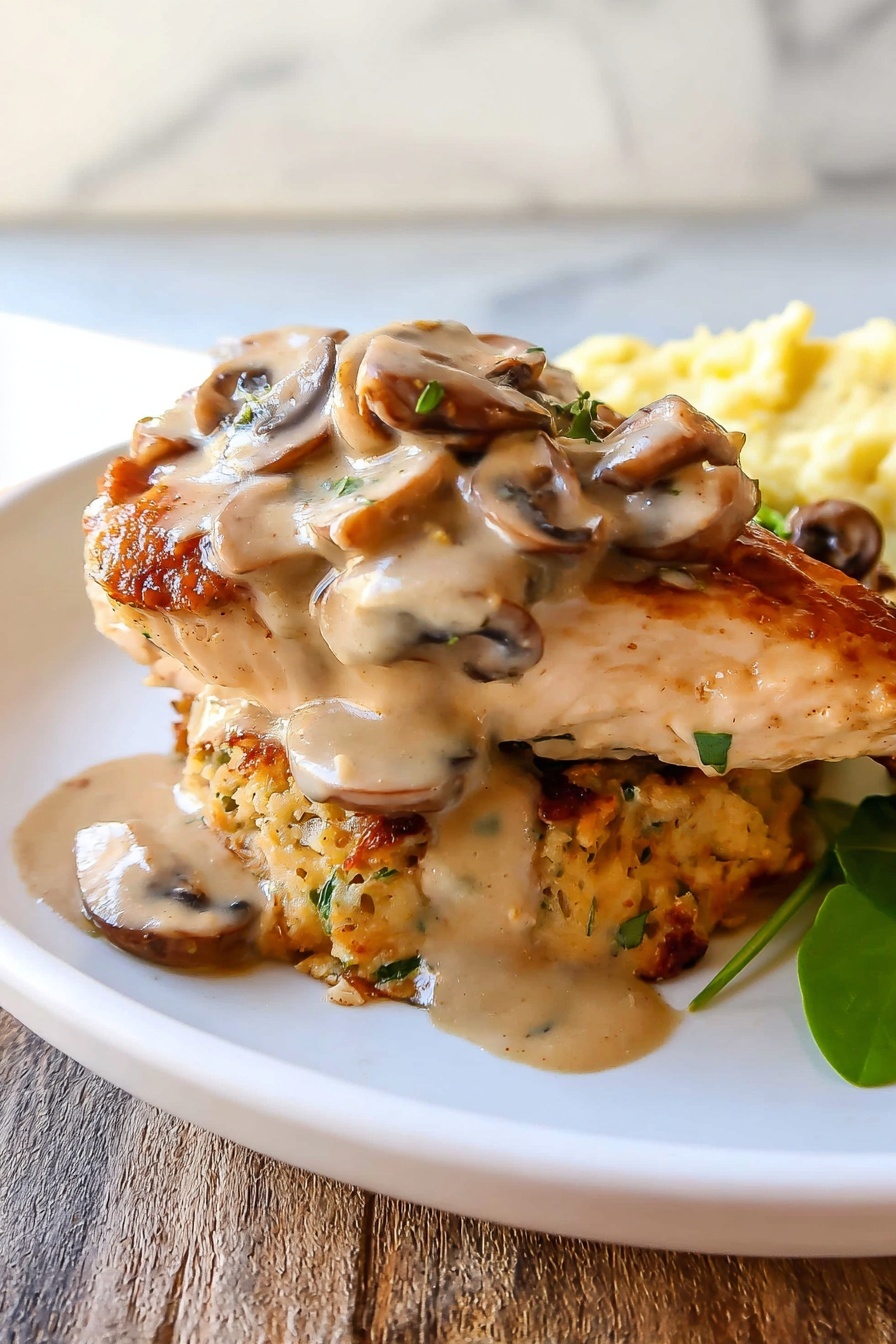 Stuffed Chicken Marsala with Mushrooms, Chicken Marsala stuffing, Italian stuffed chicken recipe, cheesy chicken Marsala, mushroom stuffed chicken - The dish shows a stack of two cooked chicken pieces on a white plate, placed on a wooden surface with a white marbled background. The bottom chicken layer is golden brown with a textured surface and small green herbs visible on it. The top chicken layer is topped with creamy mushroom sauce, light brown in color with sliced mushrooms scattered on it, some sauce dripping down the sides. There is an extra portion of mushroom sauce with sliced mushrooms beside the chicken stack on the plate. In the background, a small portion of light yellow mashed potatoes appears slightly blurred. A green herb leaf is partially visible near the mushroom sauce on the right side. Photo taken with an iphone --ar 2:3 --v 7