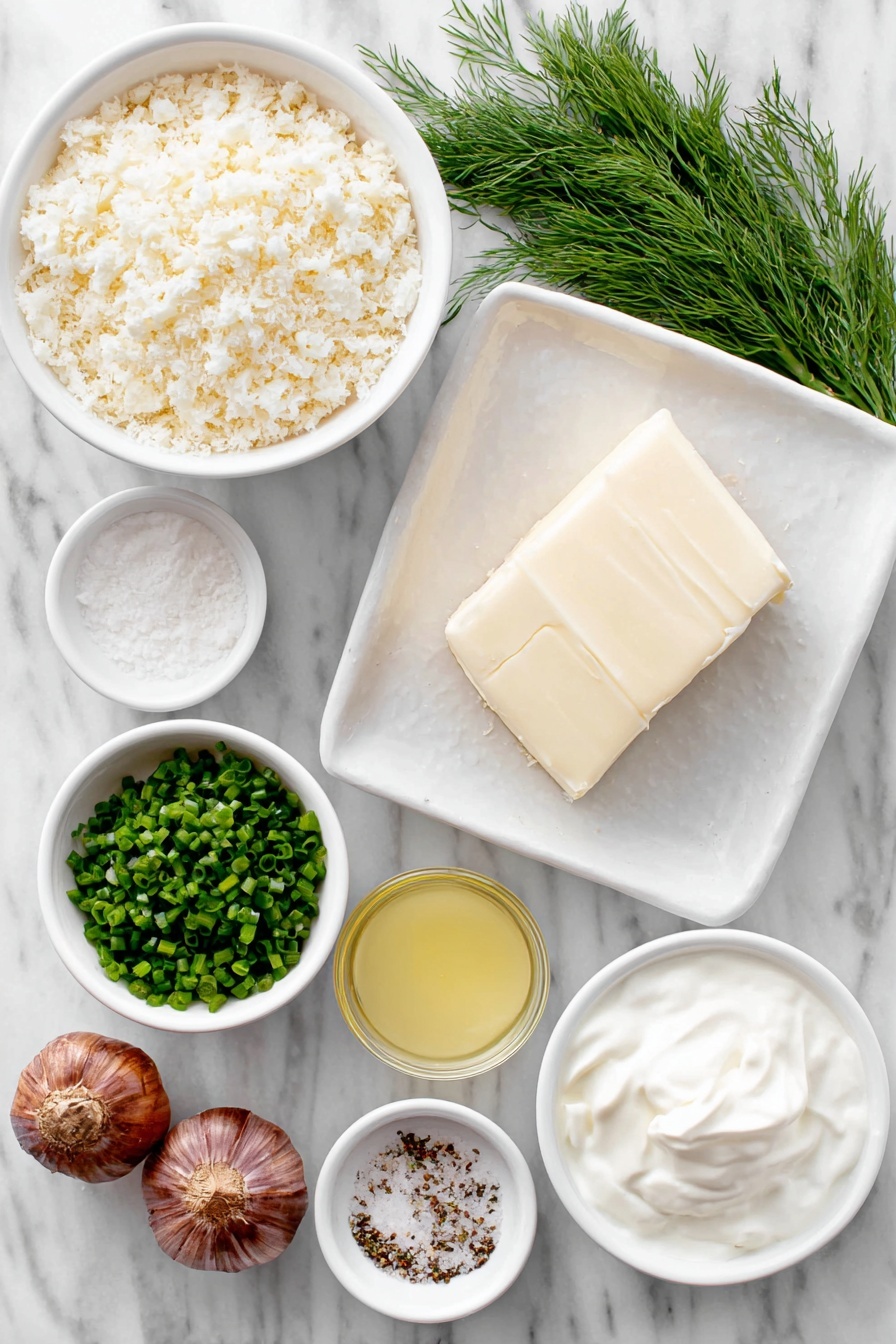 Fried Pickle Dip, pickled dip, party dip, creamy pickle appetizer, crunchy pickle dip - Flat lay of panko bread crumbs in a small white ceramic bowl, a tablespoon of golden butter on a white plate, two whole uncracked brown garlic cloves, a small white bowl of creamy sour cream, a small white bowl of smooth cream cheese, a small white bowl of pale yellow lemon juice, a small white bowl of clear dill pickle juice, chopped bright green dill pickles on a white plate, finely minced fresh green chives and fresh dill arranged neatly on small white ceramic bowls, sprinkled coarse salt and black pepper on a white plate, all placed on a clean white marble surface, soft natural light, photo taken with an iPhone, professional food photography style, fresh ingredients, white ceramic bowls, no bottles, no duplicates, no utensils, no packaging --ar 2:3 --v 7 --p m7354615311229779997