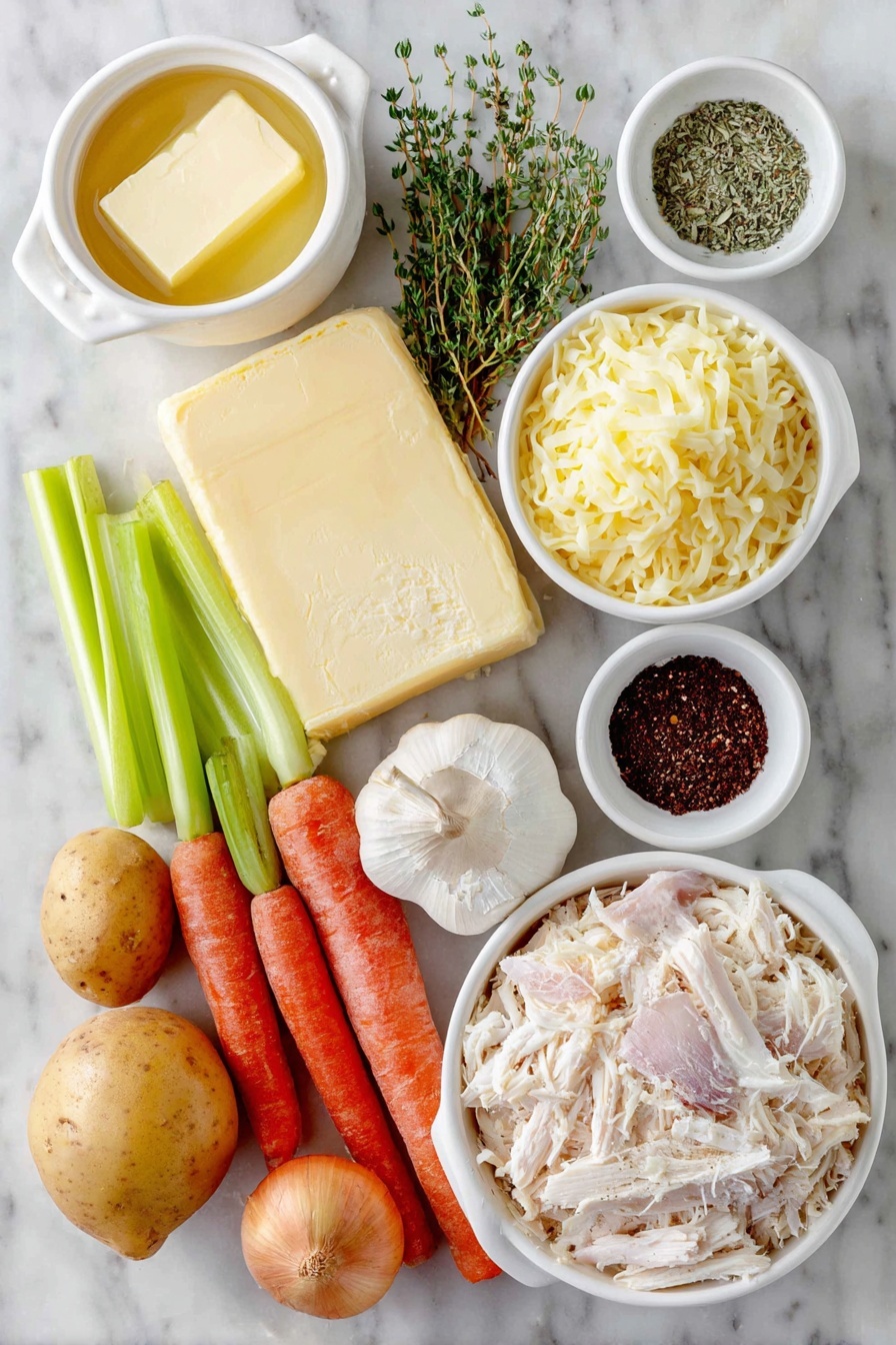 Creamy Chicken Noodle Soup, comforting chicken noodle soup, homemade chicken soup, easy creamy soup recipe, hearty chicken soup - Flat lay of unsalted butter in a small white ceramic bowl, half of a large yellow onion chopped, a handful of whole fresh carrots sliced, three celery stalks sliced, two whole uncracked garlic cloves, all-purpose flour in a small white ceramic bowl, fresh ground black pepper in a small white ceramic bowl, dried thyme leaves in a small white ceramic bowl, dried oregano in a small white ceramic bowl, peeled and diced medium potato, shredded cooked chicken, half-and-half in a small white ceramic bowl, uncooked wide egg noodles, placed on a clean white marble surface, soft natural light, photo taken with an iPhone, professional food photography style, fresh ingredients, white ceramic bowls, no bottles, no duplicates, no utensils, no packaging --ar 2:3 --v 7 --p m7354615311229779997