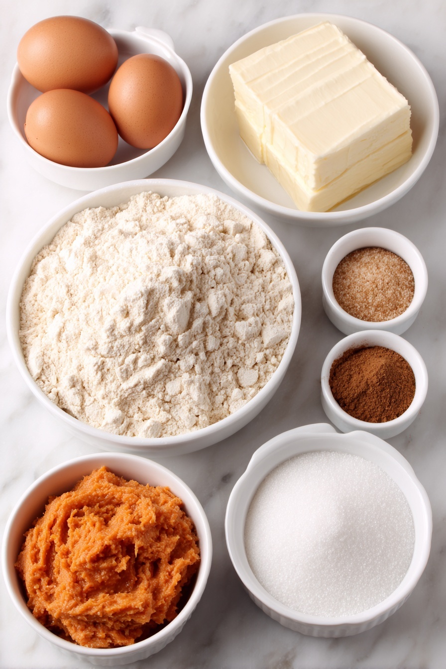 Pumpkin Cookies with Cream Cheese Frosting, fall pumpkin cookie recipe, soft pumpkin spice cookies, homemade pumpkin dessert, easy pumpkin cookie recipe - Flat lay of a small mound of all-purpose flour, a few whole brown eggs with clean shells, a small white ceramic bowl of granulated sugar, another small white bowl with light brown sugar packed gently, a few whole sticks of unsalted butter neatly arranged, a small white bowl containing bright orange pumpkin puree, a small white bowl filled with powdered sugar, a tiny white bowl with ground cinnamon, another tiny white bowl with ground nutmeg, a small white bowl with ground ginger, and a very small white bowl with ground cloves, plus a small white bowl with vanilla extract, all placed on a clean white marble surface, soft natural light, photo taken with an iPhone, professional food photography style, fresh ingredients, white ceramic bowls, no bottles, no duplicates, no utensils, no packaging --ar 2:3 --v 7 --p m7354615311229779997