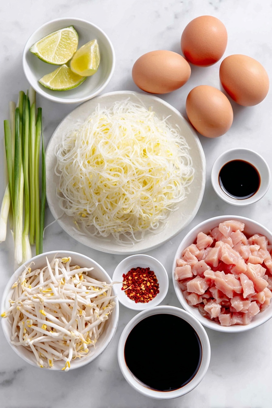 Authentic Chicken Pad Thai, Chicken Pad Thai recipe, Thai noodle dish, homemade Pad Thai, Bangkok-style Chicken Pad Thai - Flat lay of a small heap of thin rice noodles, fresh whole lime and lime wedges, a small pile of sliced green onions, a medium-sized peeled carrot julienned, a handful of fresh white bean sprouts, three whole brown eggs with clean shells, chopped roasted peanuts arranged neatly, a few garlic cloves unpeeled, thinly sliced raw chicken breast pieces, and four small white ceramic bowls containing tamarind paste, dark fish sauce, packed brown sugar, and clear soy sauce, a tiny white bowl with vibrant red pepper flakes, all ingredients fresh and natural on a clean white marble surface, soft natural light, photo taken with an iPhone, professional food photography style, fresh ingredients, white ceramic bowls, no bottles, no duplicates, no utensils, no packaging --ar 2:3 --v 7 --p m7354615311229779997