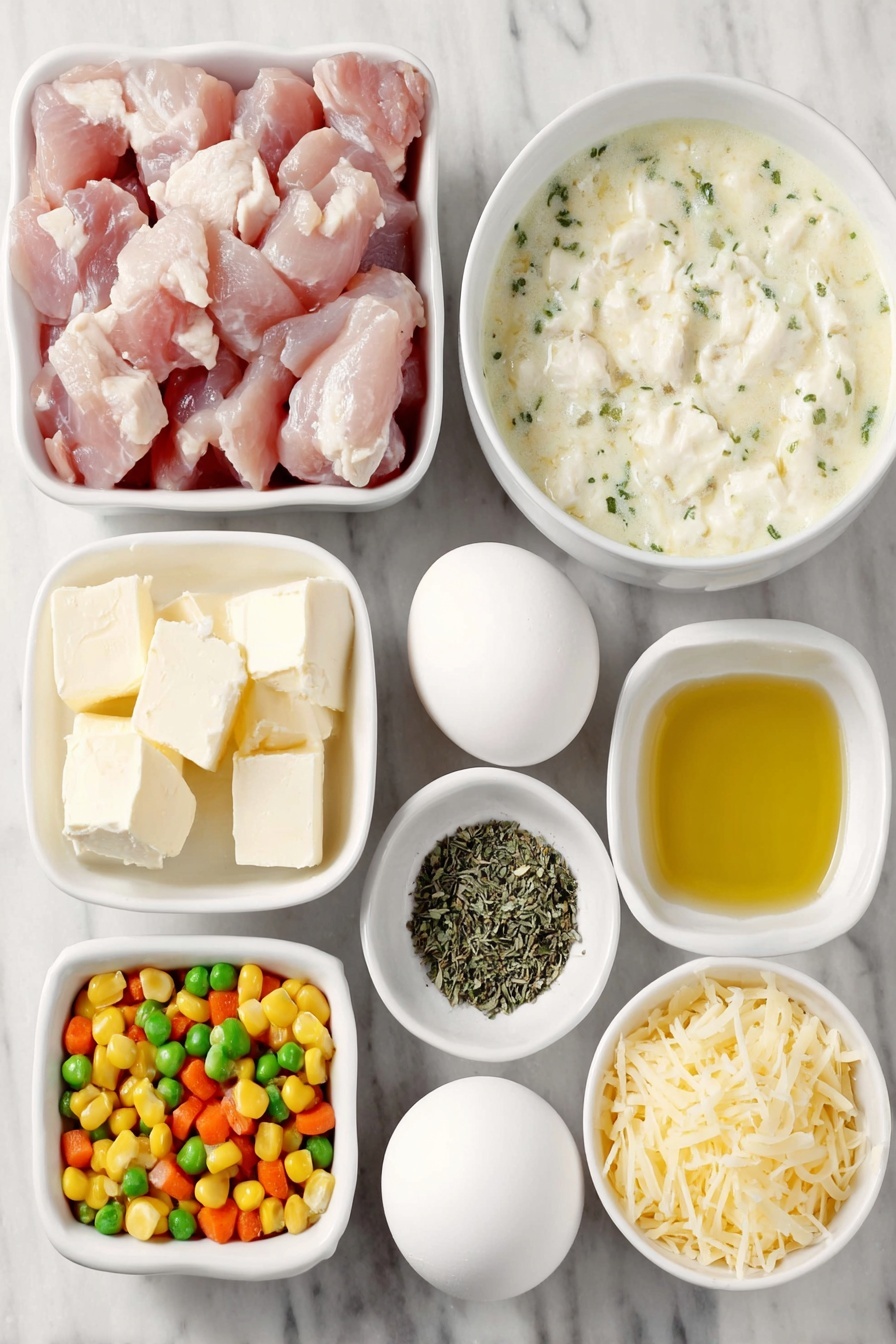 Cheddar Bay Biscuit Chicken Pot Pie, easy chicken pot pie with cheddar bay biscuits, cheesy chicken pot pie recipe, comforting chicken and biscuit casserole, savory chicken pie with cheddar biscuits - Flat lay of chopped raw chicken breast chunks, a small white bowl of olive oil, a small pile of frozen mixed vegetables with visible carrots, peas, and corn, two unopened cans of cream of chicken soup replaced by a small white bowl filled with creamy chicken soup with herbs, a small white bowl with a heap of poultry seasoning powder, another small white bowl containing dried thyme, a small white bowl holding dried parsley, a small mound of shredded sharp cheddar cheese, a small white bowl with cold water, a few cubes of cold butter, and two whole uncracked brown eggs, all arranged in perfect symmetry surrounding a simple white ceramic bowl with cheddar bay biscuit mix powder, placed on a clean white marble surface, soft natural light, photo taken with an iPhone, professional food photography style, fresh ingredients, white ceramic bowls, no bottles, no duplicates, no utensils, no packaging --ar 2:3 --v 7 --p m7354615311229779997