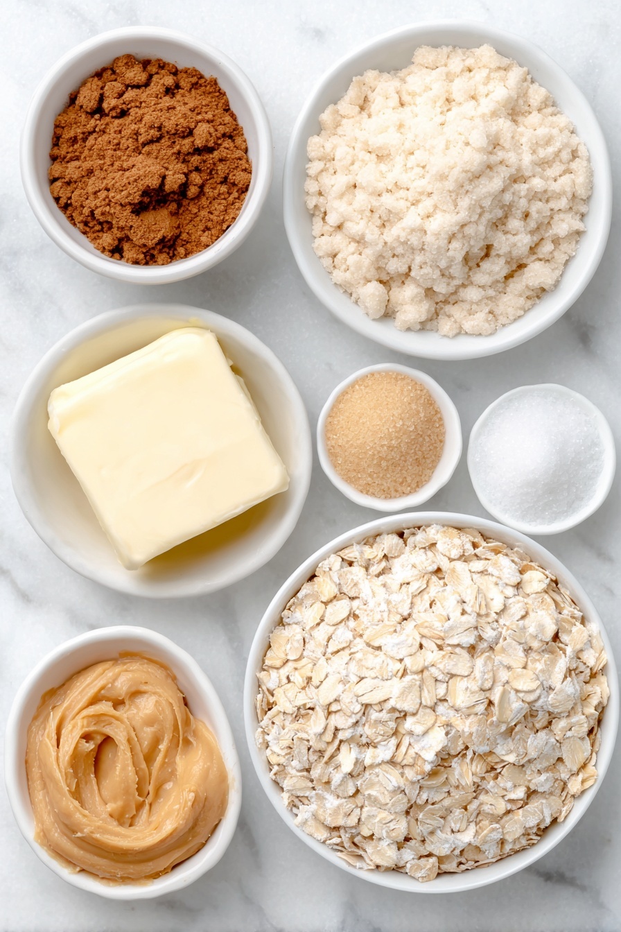 Peanut Butter Oatmeal Cookies, healthy oatmeal cookies, chewy peanut butter cookies, quick oatmeal cookie recipe, homemade peanut butter cookies - Flat lay of old fashioned oats loosely piled, a small mound of all-purpose flour, a few grains of light brown sugar in a small white ceramic bowl, a few granules of white granulated sugar in a small white ceramic bowl, a small pinch of kosher salt, a tiny heap of ground cinnamon, a few tablespoons of softened unsalted butter in a simple white ceramic bowl, creamy peanut butter dolloped in a white ceramic bowl, one large whole egg with clean shell, and a small white ceramic bowl holding clear vanilla extract placed on a clean white marble surface, soft natural light, photo taken with an iPhone, professional food photography style, fresh ingredients, white ceramic bowls, no bottles, no duplicates, no utensils, no packaging --ar 2:3 --v 7 --p m7354615311229779997