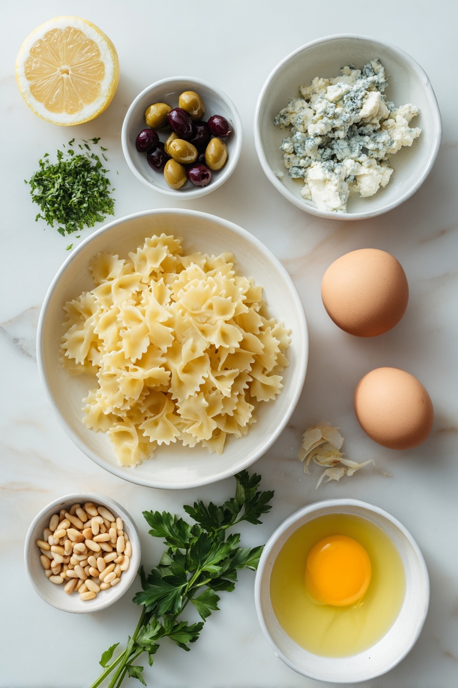 Dirty Martini Pasta Salad, olive pasta salad, blue cheese pasta salad, flavorful pasta salad, easy pasta salad recipes - Flat lay of a simple white ceramic bowl filled with a small pile of uncooked malfa corta pasta, a few sprigs of roughly chopped fresh parsley next to it, a small white bowl with a heap of smashed Castelvetrano olives, another small white bowl containing clear olive brine, crumbled blue cheese arranged in a small pile, toasted pine nuts scattered neatly in a small white bowl, a whole fresh lemon with visible zest shavings beside it, a small white bowl with freshly squeezed lemon juice, and a small white bowl holding minced garlic, alongside two whole uncracked brown eggs placed symmetrically, all ingredients fresh and natural, balanced perfectly in a professional flat lay composition placed on a clean white marble surface, soft natural light, photo taken with an iPhone, professional food photography style, fresh ingredients, white ceramic bowls, no bottles, no duplicates, no utensils, no packaging --ar 2:3 --v 7 --p m7354615311229779997