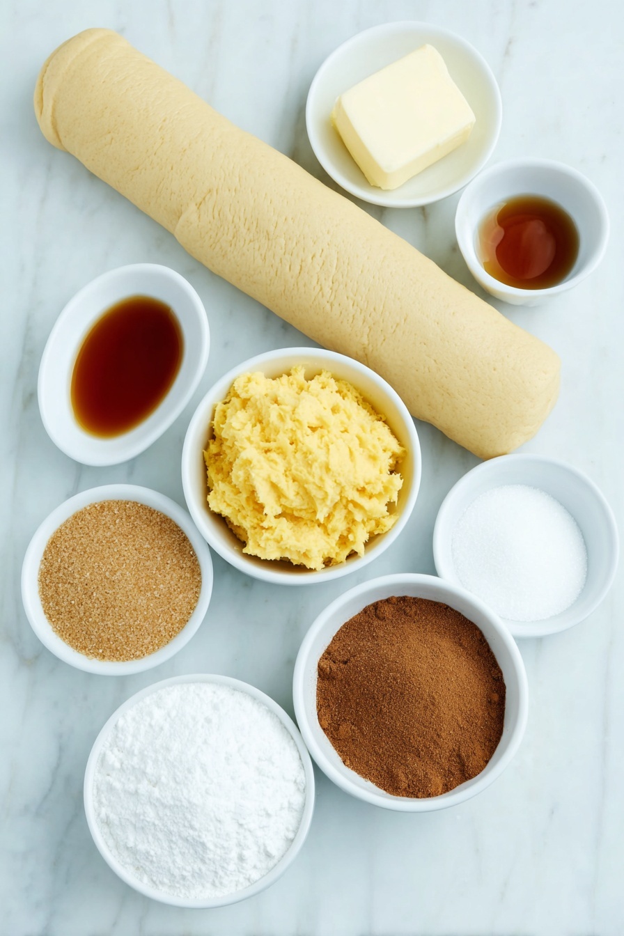 Pumpkin Pie Twists, pumpkin pie twists, fall dessert recipes, easy pumpkin treats, flaky pumpkin twists - Flat lay of a tube of unrolled crescent roll dough, a small white bowl of bright orange pumpkin puree, a small white bowl of golden brown sugar, a small white bowl of amber maple syrup, a small white bowl of mixed pumpkin spice powder, a small white bowl of melted butter with a glossy surface, a small white bowl of granulated white sugar, a small white bowl of ground cinnamon, all arranged in perfect symmetry on simple white ceramic dishes, placed on a clean white marble surface, soft natural light, photo taken with an iPhone, professional food photography style, fresh ingredients, white ceramic bowls, no bottles, no duplicates, no utensils, no packaging --ar 2:3 --v 7 --p m7354615311229779997