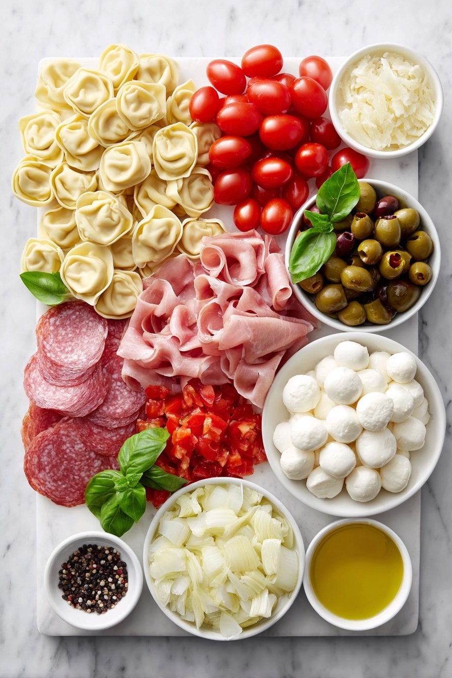 Antipasto Skewers with Tortellini and Cheese, appetizer ideas, party snack recipes, easy antipasto skewers, colorful finger foods - Flat lay of fresh cheese tortellini pasta, plump cherry tomatoes, large green Castelvetrano olives, torn bright green basil leaves, thin slices of rosy Genoa salami, delicate pink prosciutto slices, small white baby mozzarella balls, sharp provolone cheese cubes, chopped bright red roasted peppers, chopped pale artichoke hearts, and small white bowls containing golden olive oil, pale yellow lemon juice, deep red wine vinegar, sticky honey, minced fresh garlic cloves, coarse salt crystals, and whole black peppercorns, all arranged in perfect symmetry on simple white ceramic bowls and plates, placed on a clean white marble surface, soft natural light, photo taken with an iPhone, professional food photography style, fresh ingredients, white ceramic bowls, no bottles, no duplicates, no utensils, no packaging --ar 2:3 --v 7 --p m7354615311229779997