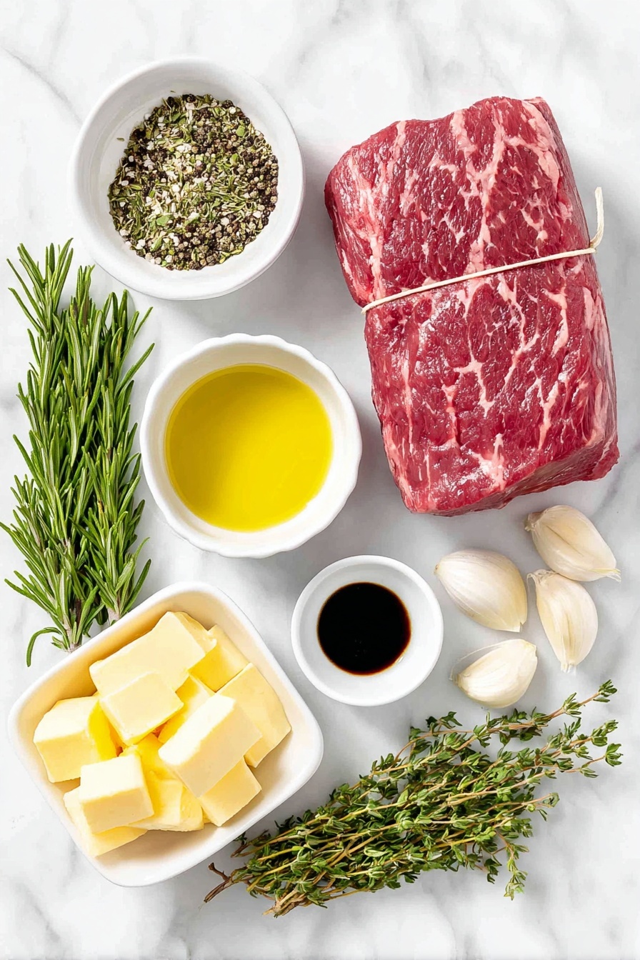 Herbed Garlic Butter Beef Tenderloin, beef tenderloin recipe, garlic herb beef roast, elegant beef tenderloin, tenderloin dinner ideas - Flat lay of a whole center-cut beef tenderloin roast tied with kitchen twine, two teaspoons coarse kosher salt crystals scattered nearby, a small white ceramic bowl filled with freshly ground black pepper, a small white ceramic bowl containing glossy avocado oil, a small white ceramic bowl of soft golden butter, six garlic cloves with papery skins intact, a few sprigs of fresh rosemary with needle-like leaves, a few sprigs of fresh thyme with tiny green leaves, all arranged symmetrically on a clean white marble surface, soft natural light, photo taken with an iPhone, professional food photography style, fresh ingredients, white ceramic bowls, no bottles, no duplicates, no utensils, no packaging --ar 2:3 --v 7 --p m7354615311229779997