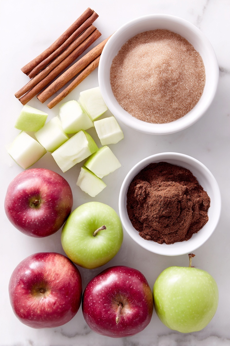 Homemade Apple Cider, apple cider recipe, warm apple cider, cozy fall drinks, how to make apple cider at home - Flat lay of ten fresh quartered red and green apples, a small white ceramic bowl filled with light brown packed sugar, four whole cinnamon sticks neatly arranged, and a small white ceramic bowl containing ground allspice, all placed symmetrically on a clean white marble surface, soft natural light, photo taken with an iPhone, professional food photography style, fresh ingredients, white ceramic bowls, no bottles, no duplicates, no utensils, no packaging --ar 2:3 --v 7 --p m7354615311229779997