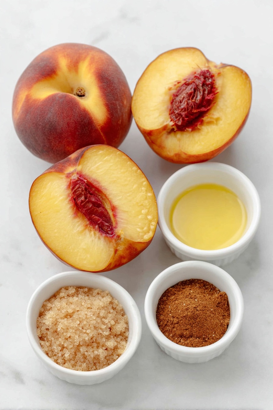 Air Fryer Peach Halves with Cinnamon, healthy peach dessert, quick fruit dessert recipe, caramelized peaches in air fryer, cinnamon peach halves - Flat lay of four ripe, firm peaches halved and pitted, a small white ceramic bowl of melted golden butter, a small white ceramic bowl filled with light brown soft brown sugar, a small white ceramic bowl with warm brown cinnamon powder, all arranged symmetrically and balanced on a clean white marble surface, soft natural light, photo taken with an iPhone, professional food photography style, fresh ingredients, white ceramic bowls, no bottles, no duplicates, no utensils, no packaging --ar 2:3 --v 7 --p m7354615311229779997