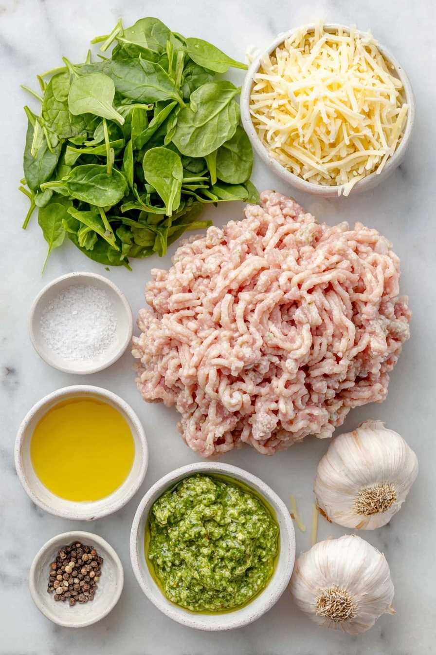 Chicken Spinach Burgers, healthy chicken burgers, spinach burger recipe, juicy chicken patties with spinach, quick weeknight dinner ideas - Flat lay of a mound of fresh lean ground chicken, a small pile of bright chopped fresh spinach, a small heap of shredded mozzarella cheese, a small white ceramic bowl of vivid green pesto sauce, two whole garlic bulbs with papery skins, a small white ceramic bowl of coarse kosher salt, a small white ceramic bowl of cracked black peppercorns, a small white ceramic bowl of golden canola oil placed symmetrically, all arranged in perfect balance on a clean white marble surface, soft natural light, photo taken with an iPhone, professional food photography style, fresh ingredients, white ceramic bowls, no bottles, no duplicates, no utensils, no packaging --ar 2:3 --v 7 --p m7354615311229779997