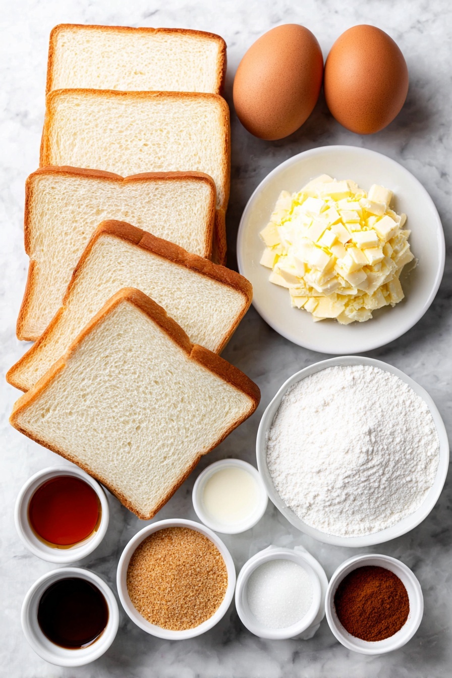 Cinnamon Roll French Toast Roll Ups, easy breakfast ideas, brunch recipe, cinnamon roll dessert, quick breakfast recipes - Flat lay of eight uncut rectangular slices of white sandwich bread, a small mound of softened pale yellow unsalted butter on a simple white ceramic plate, a small white bowl filled with light brown sugar, a small white bowl of golden granulated sugar mixed with ground cinnamon powder, a small white bowl containing smooth ground cinnamon powder, two whole brown eggs with clean shells, a small white bowl of creamy milk, a small white bowl with clear vanilla extract, and a small white bowl filled with amber maple syrup, all ingredients arranged symmetrically and naturally on a clean white marble surface, soft natural light, photo taken with an iPhone, professional food photography style, fresh ingredients, white ceramic bowls, no bottles, no duplicates, no utensils, no packaging --ar 2:3 --v 7 --p m7354615311229779997